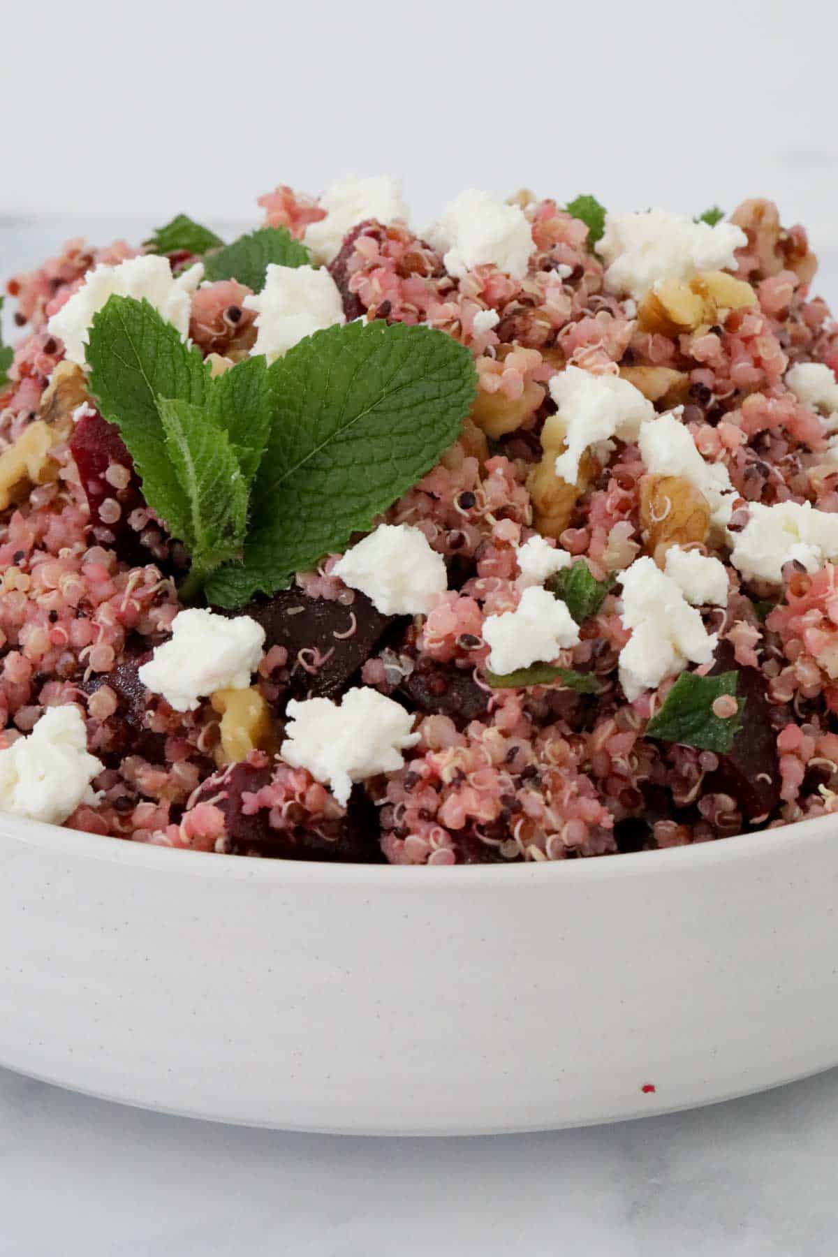 A sprig of mint on top of a bowl of healthy quinoa salad.