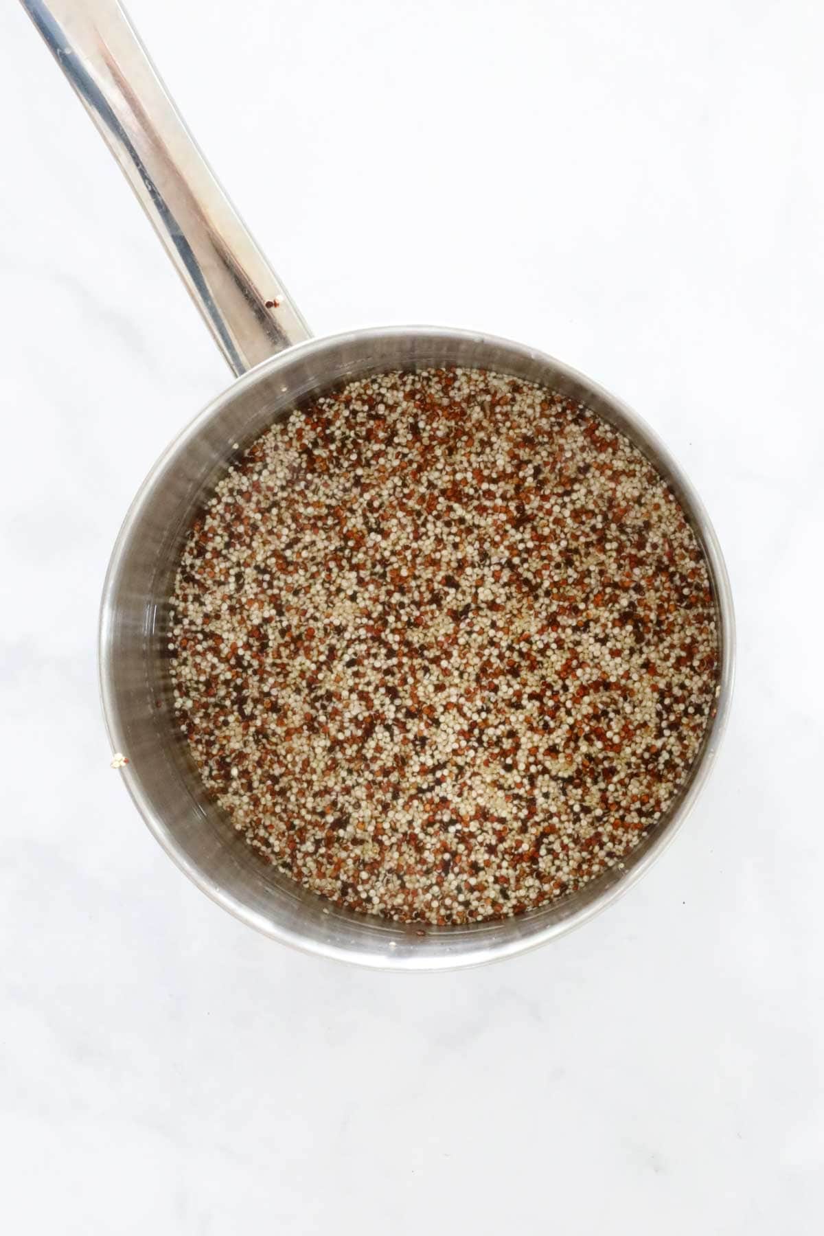 Uncooked quinoa rinsed and placed in a saucepan.