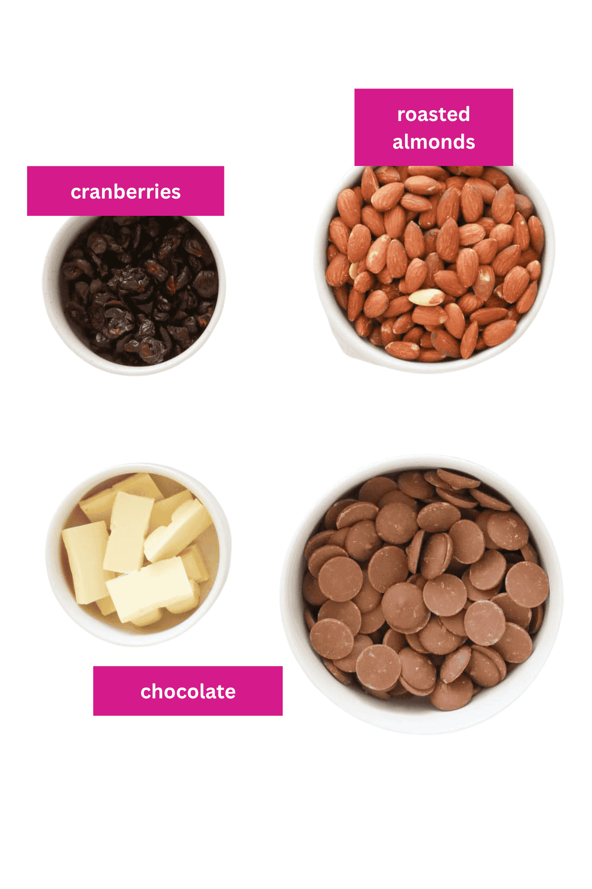 Dried cranberries, roasted almonds, white chocolate and milk chocolate in small bowls.
