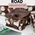 Squares of Mint Rocky Road on a white cake stand.