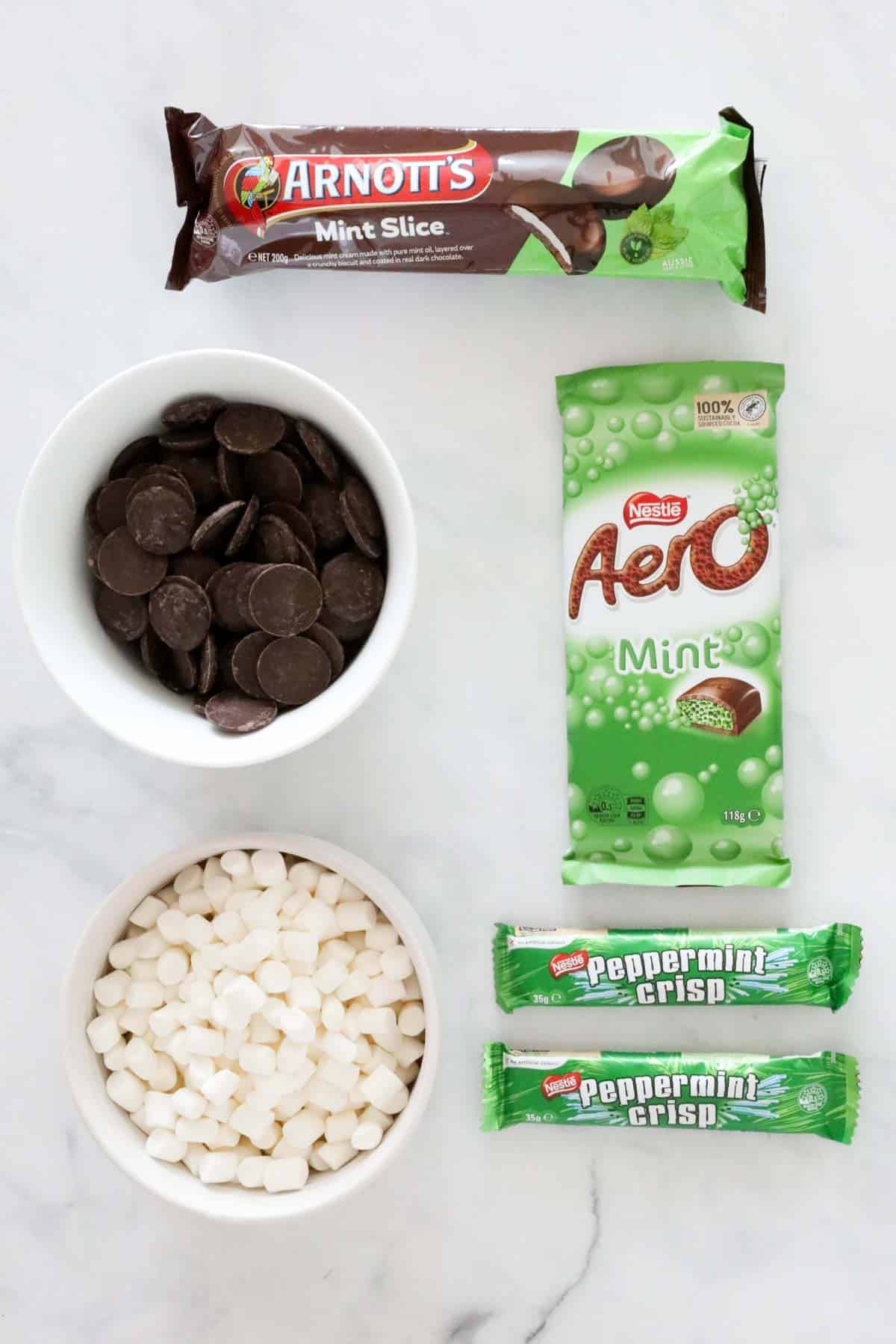 Ingredients for Mint Rocky Road on a bench top.