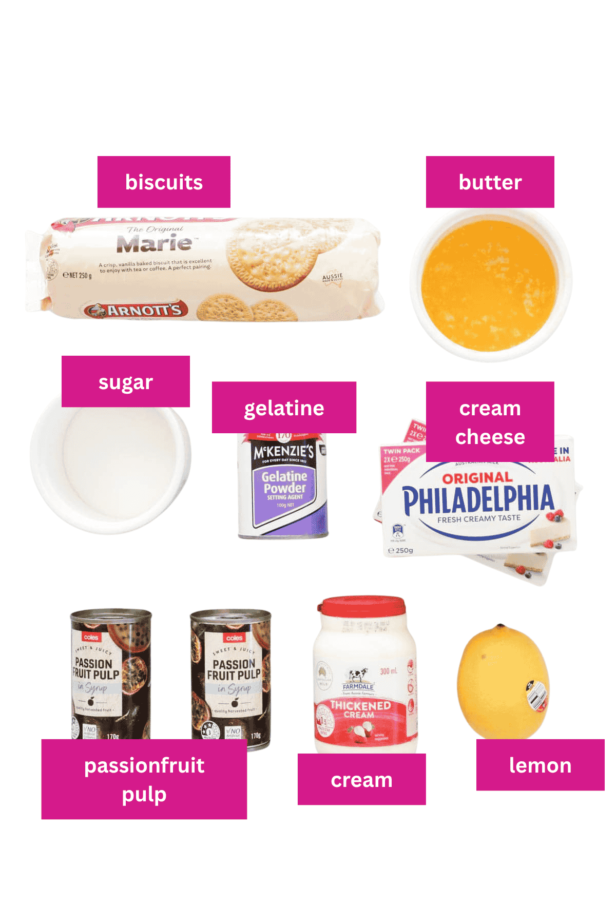 The ingredients for a passionfruit cheesecake.