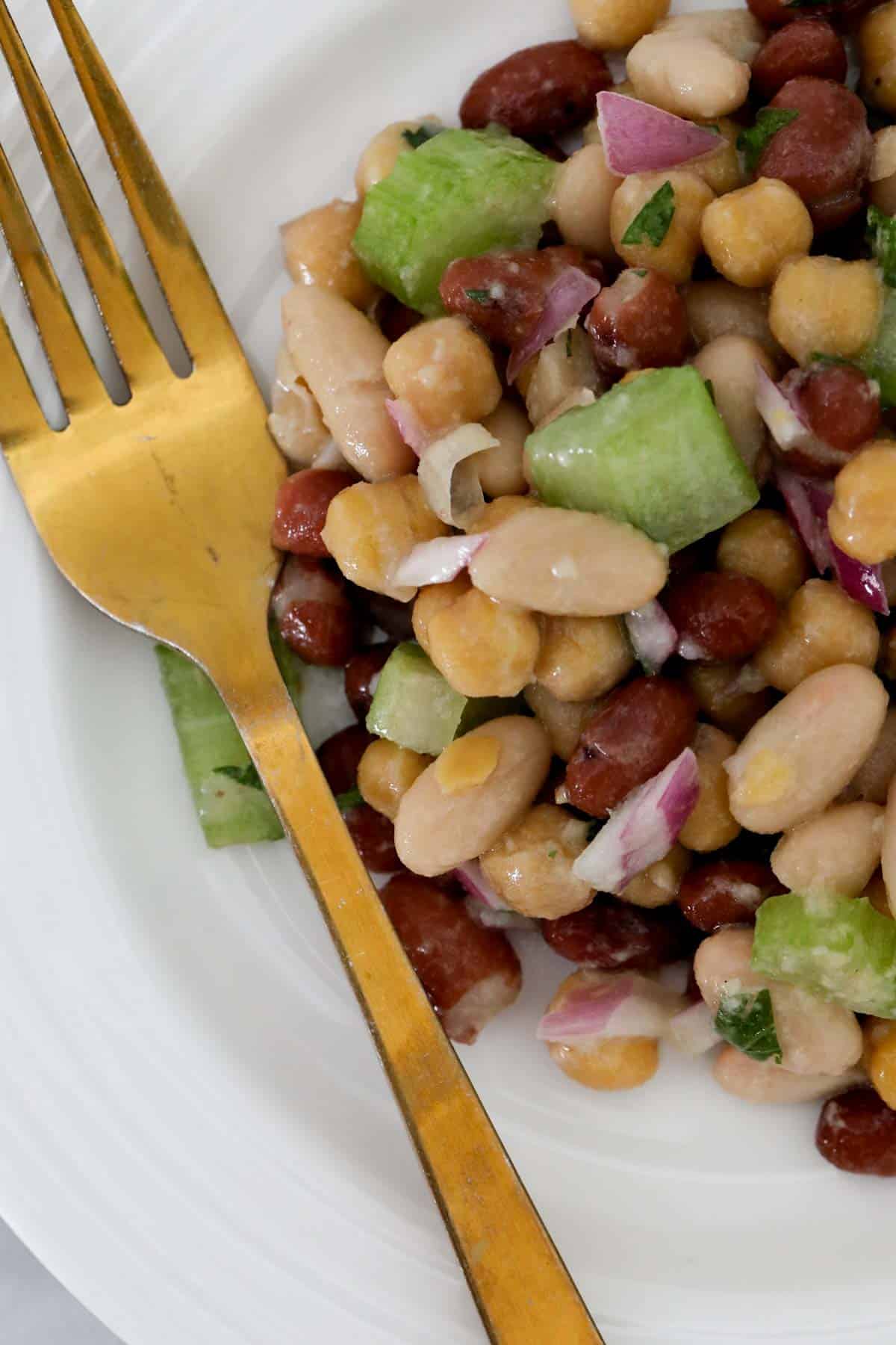 A gold fork resting on the side of a plate of salad.