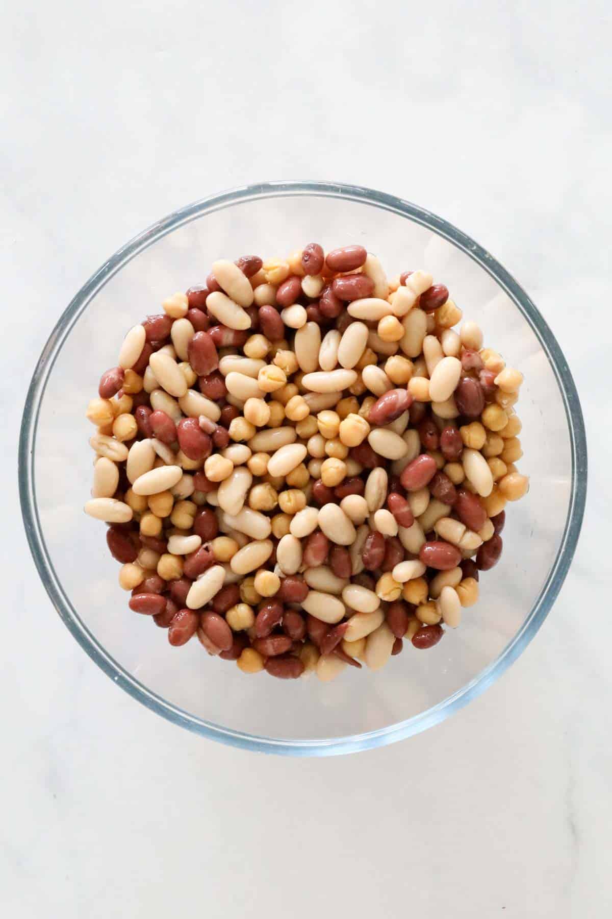 Beans and chickpeas in a mixing bowl.