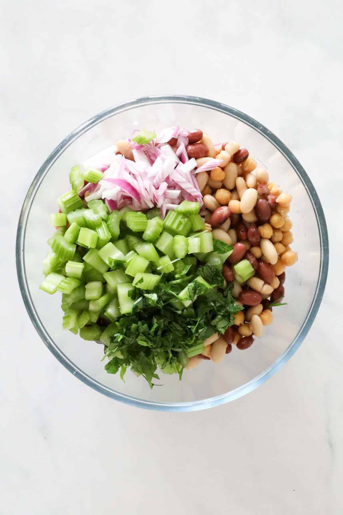 Chopped celery, parsley and finely chopped red onion added to beans and chickpeas in mixing bowl.