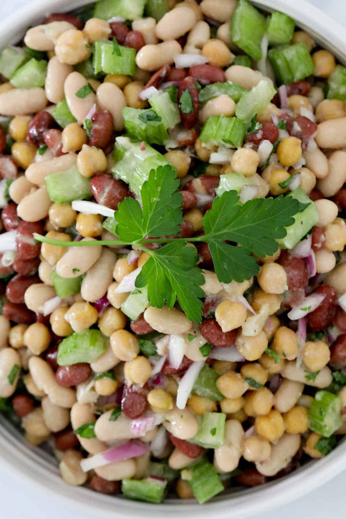 Parsley on top of a mix of beans, celery and chickpeas.