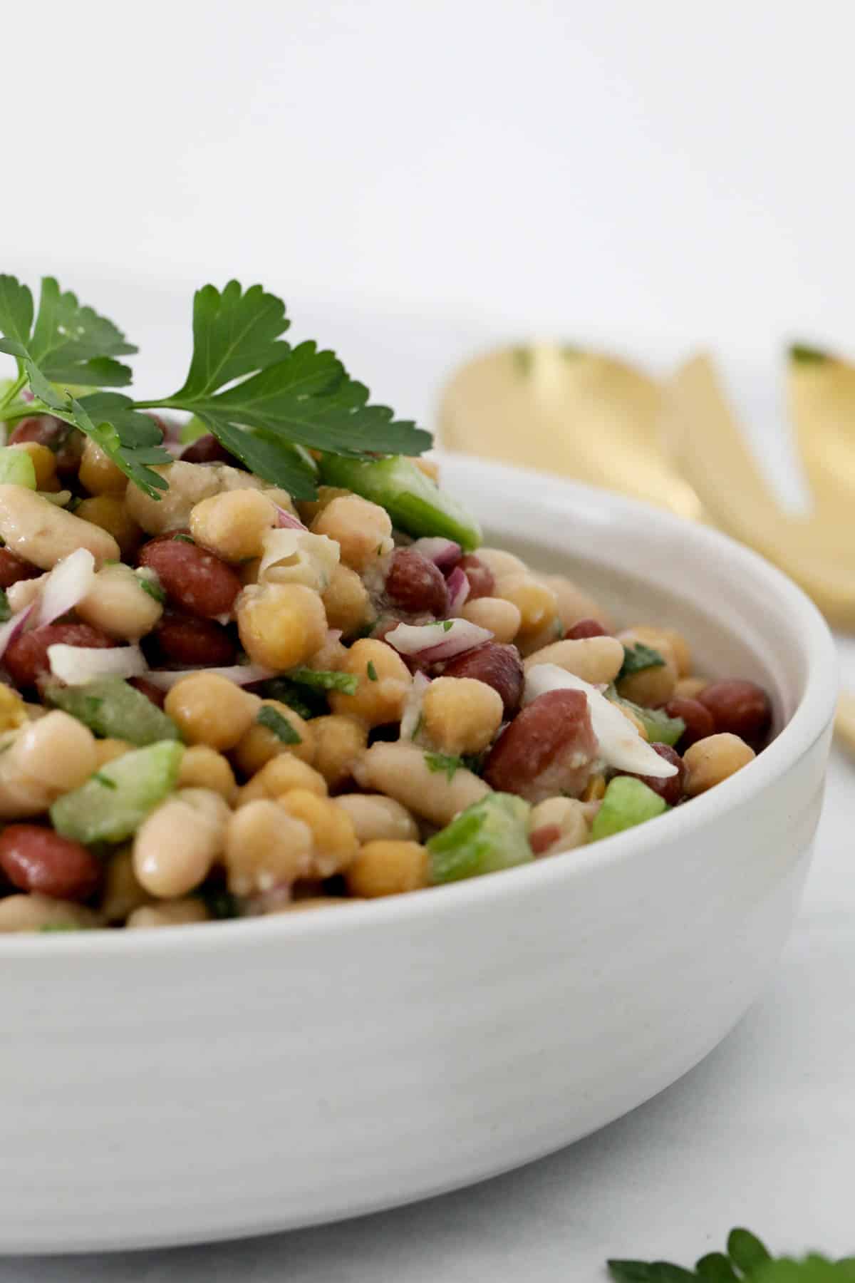 A sprig of parsley garnishing a white bowl of three bean salad.