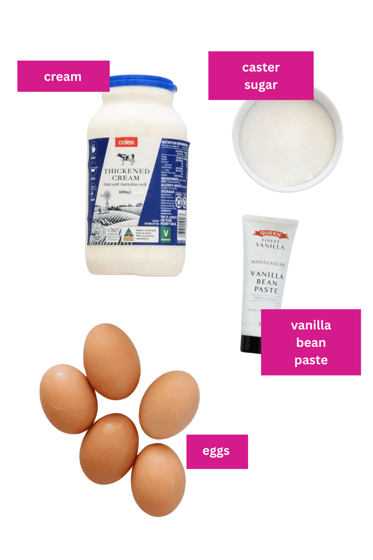 Eggs, cream, caster sugar and vanilla laid out.