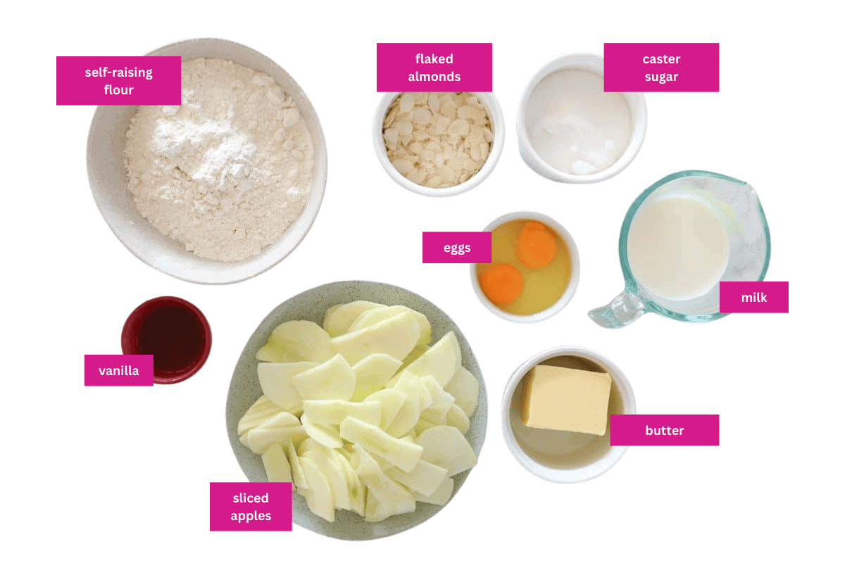 The ingredients needed to make an apple cake in small bowls.
