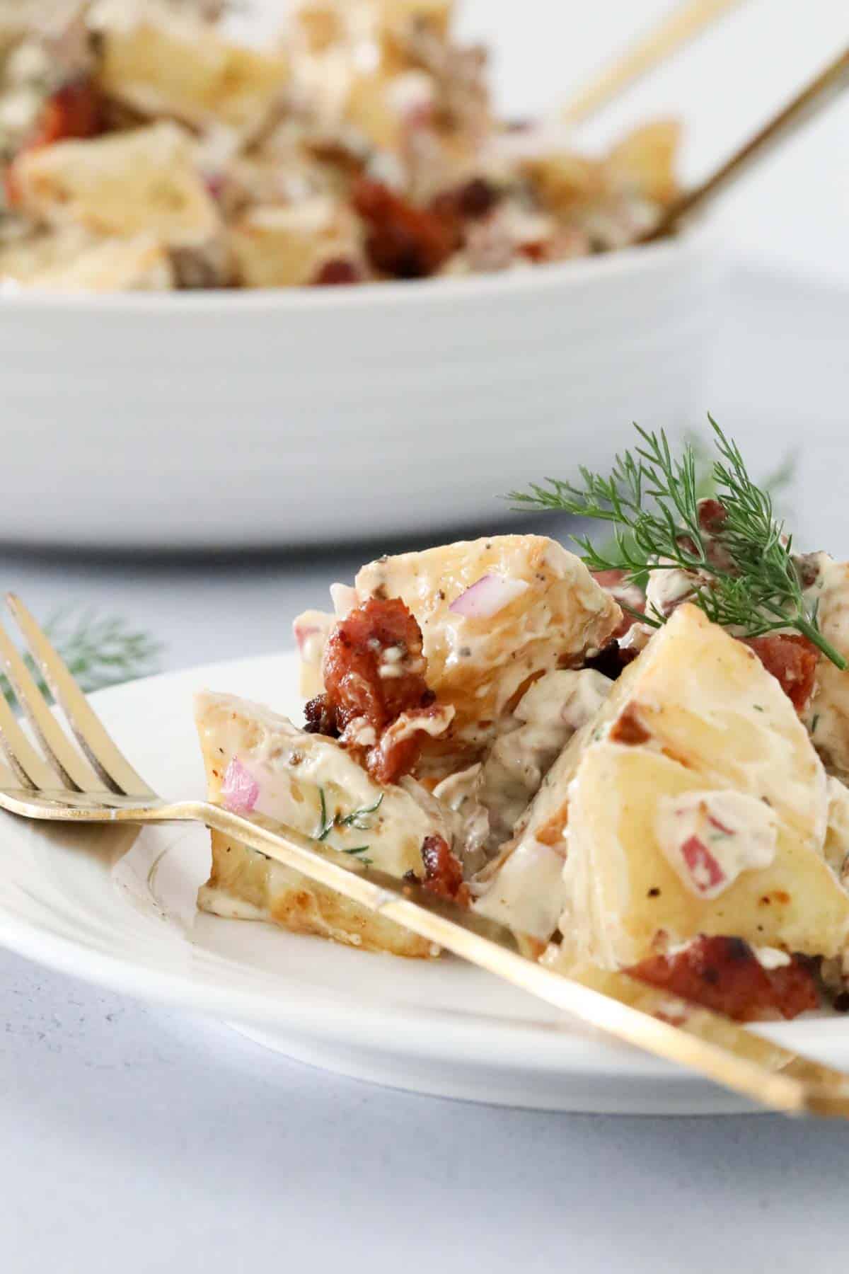 A salad serve on a plate with a sprig of fresh dill on top.