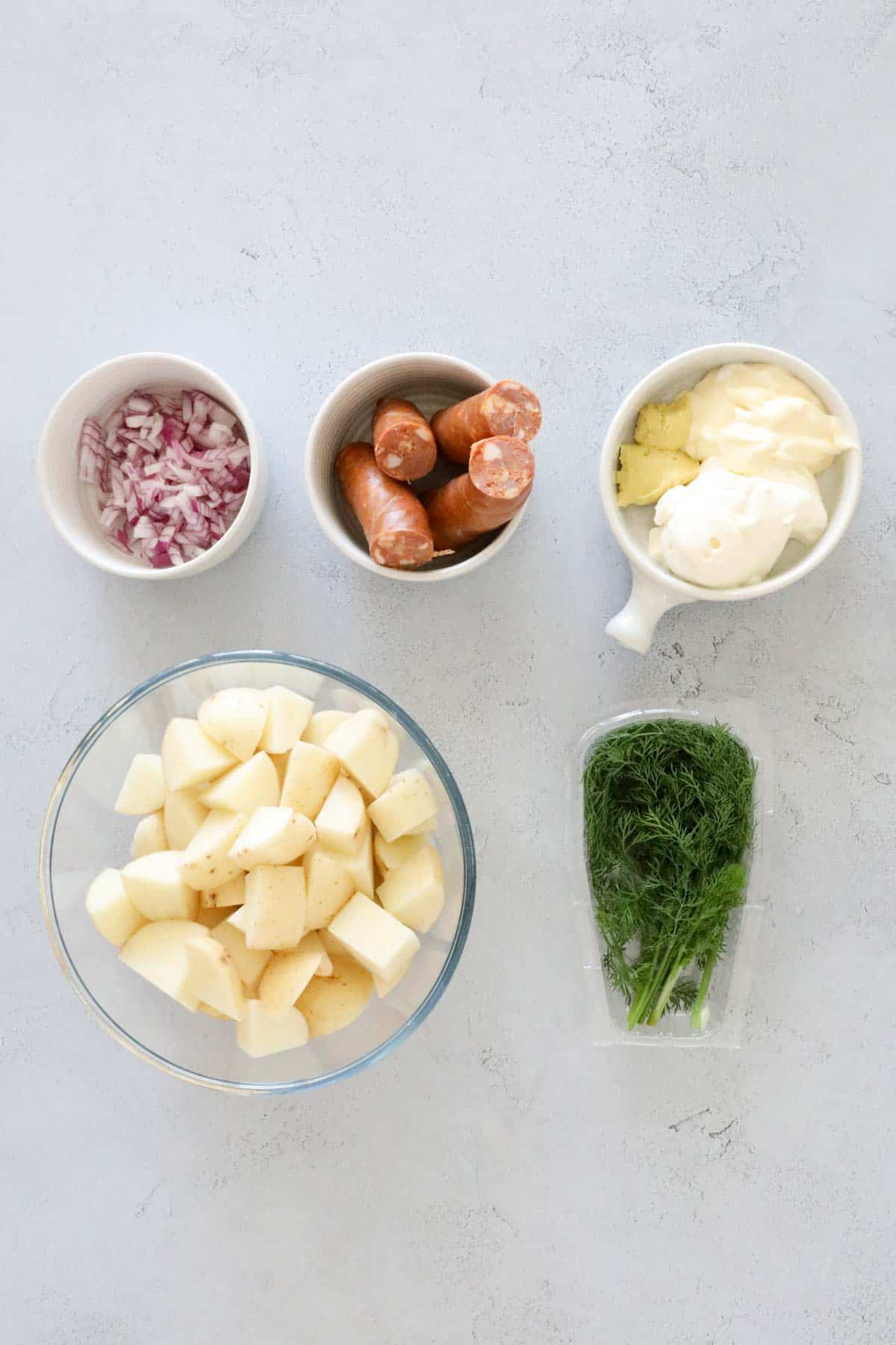 Ingredients set out on a bench top.