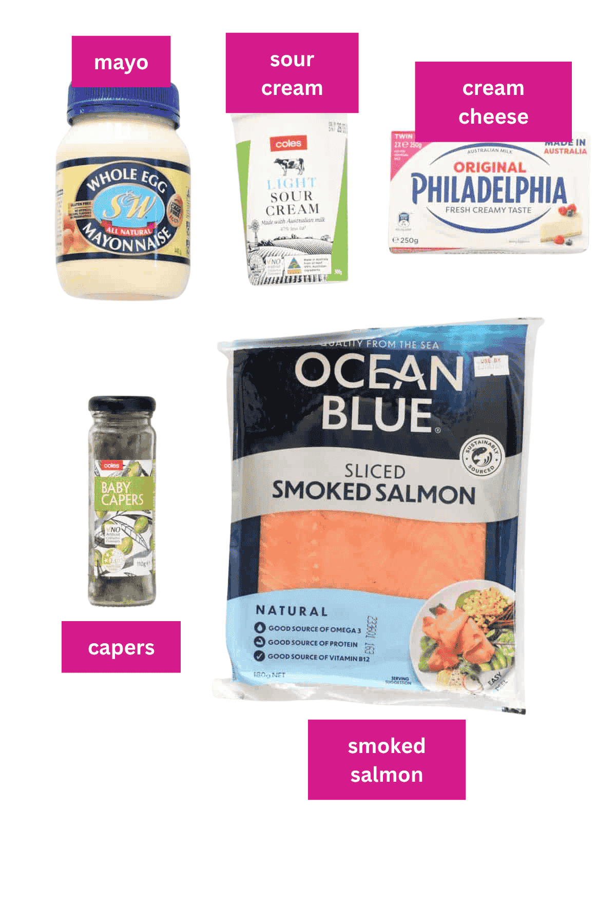 Smoked salmon, capers, mayonnaise, sour cream and cream cheese laid out.