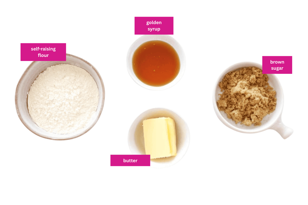 Butter, golden syrup, self-raising flour and brown sugar in bowls.