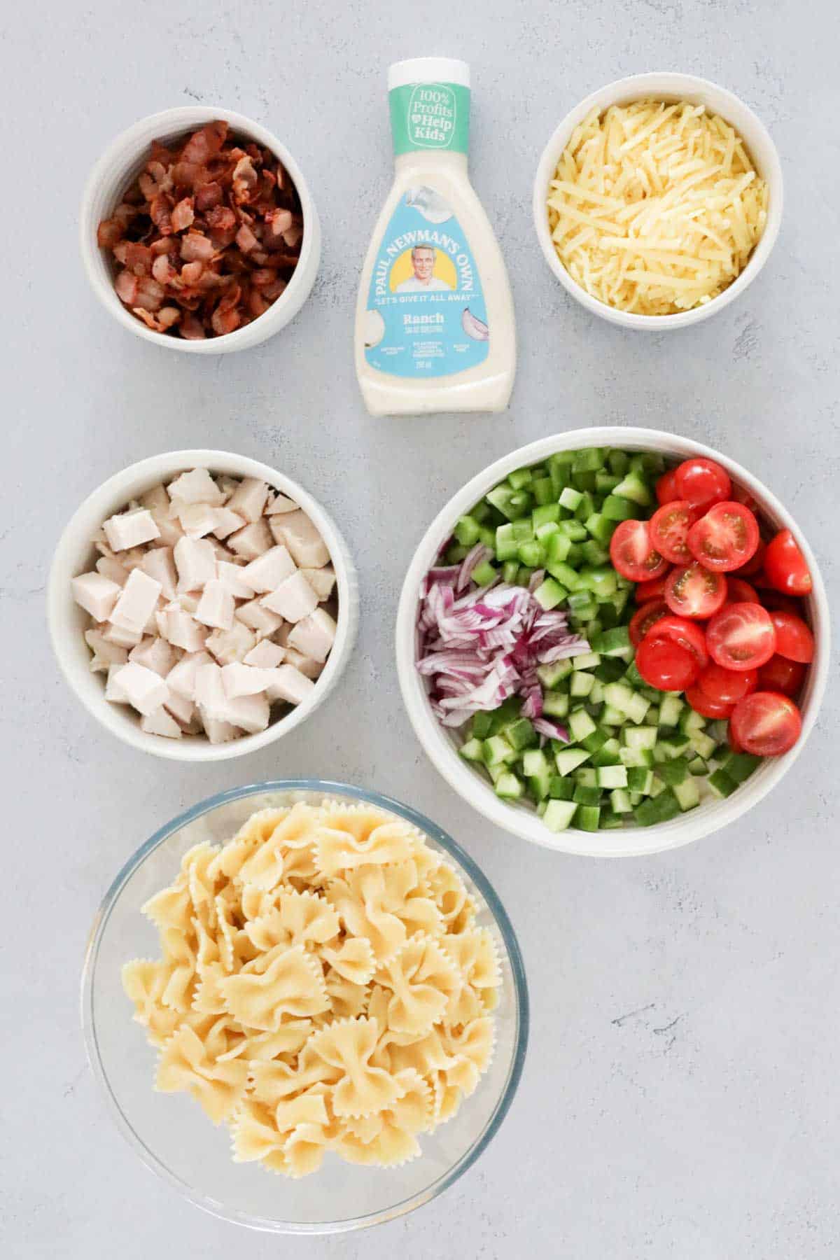 Ingredients for salad on a bench top.
