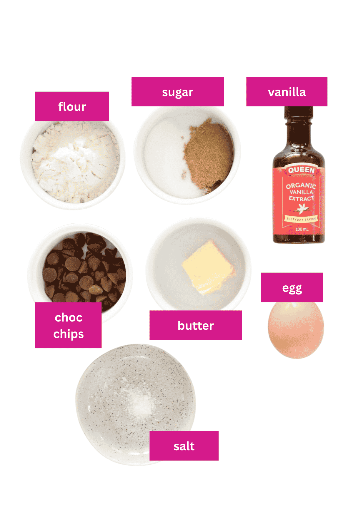 The ingredients for a single serve chocolate chip cookie.