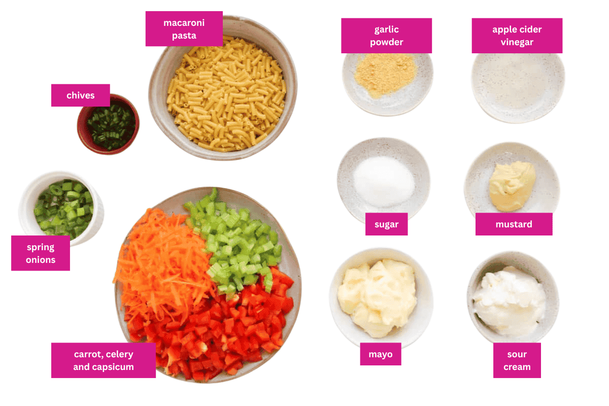 The ingredients for a pasta salad in small bowls.
