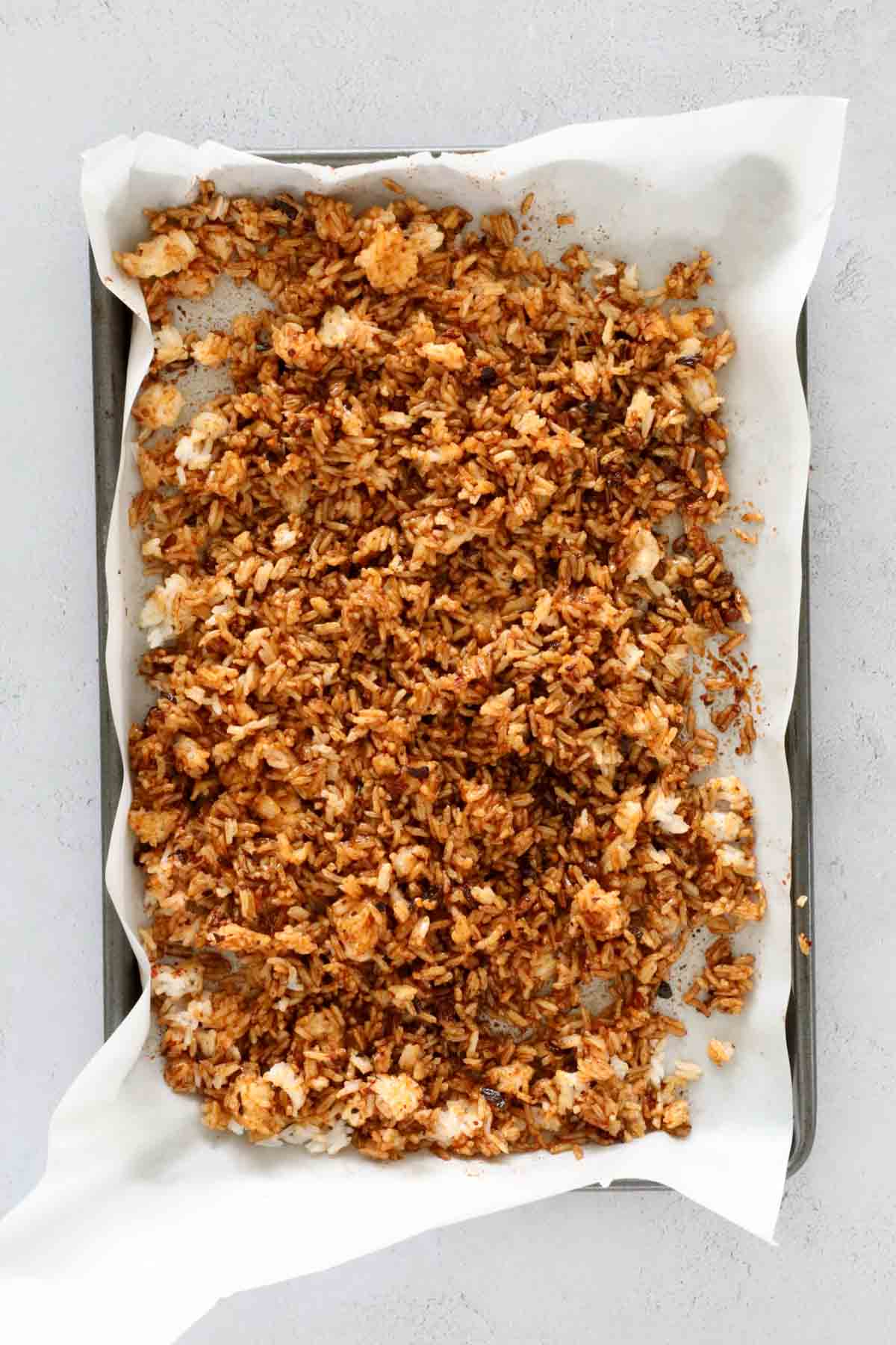 Asian rice on a baking tray.