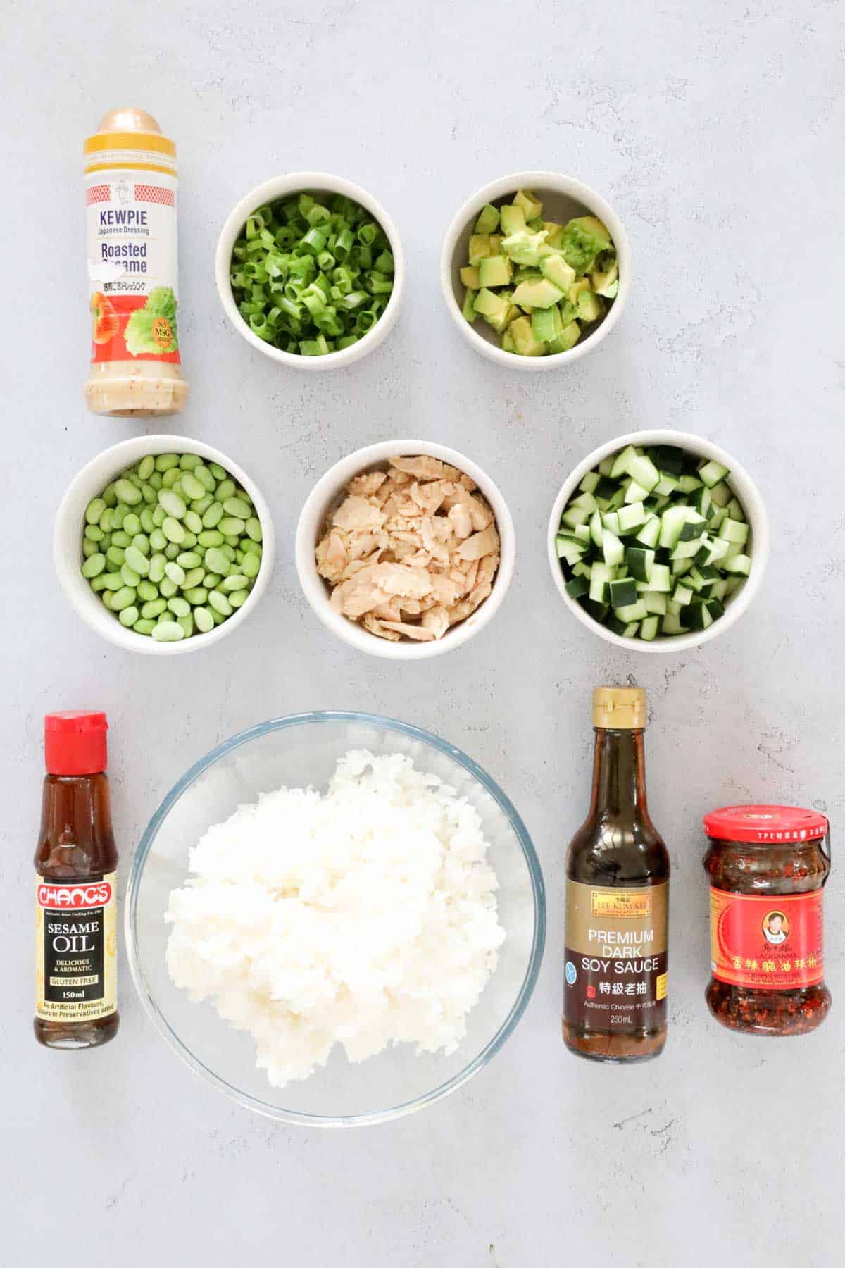 The ingredients for an Asian style baked rice salad.