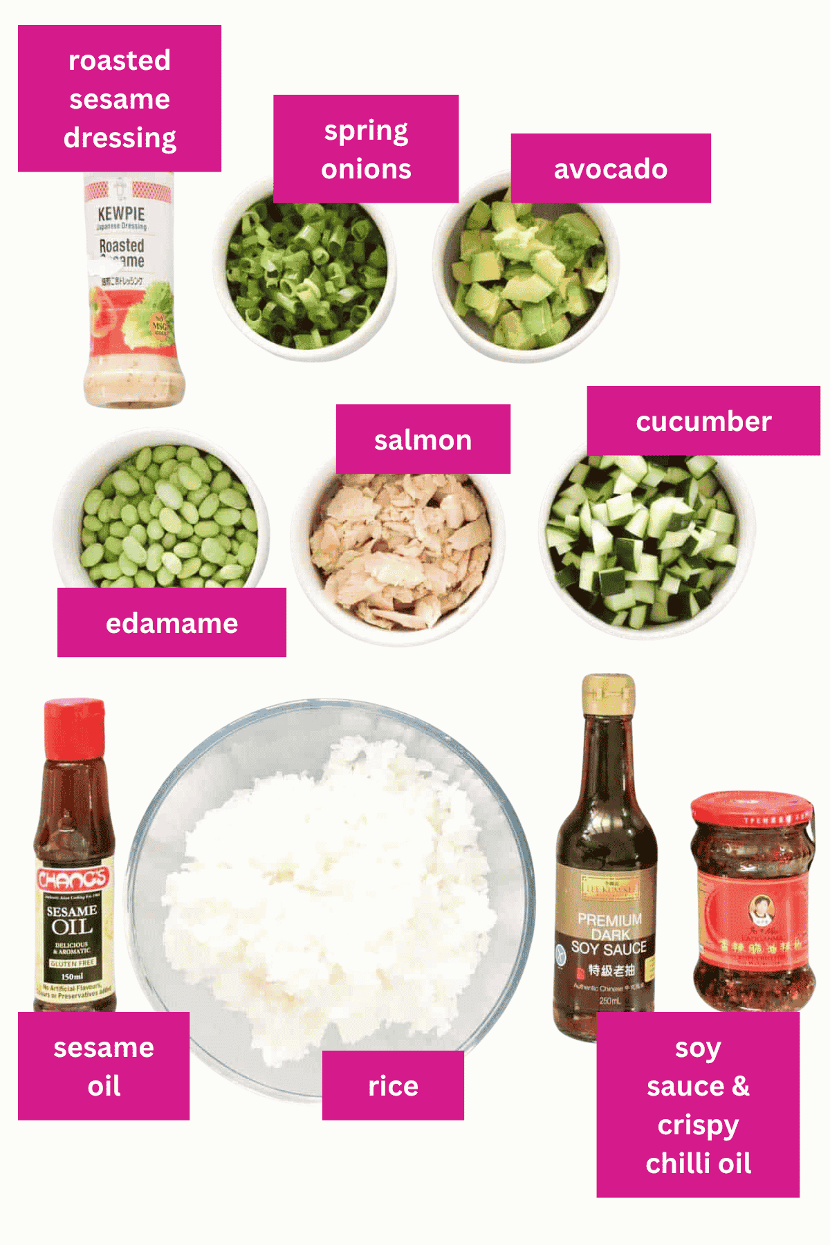 The ingredients for the viral crispy rice salad.