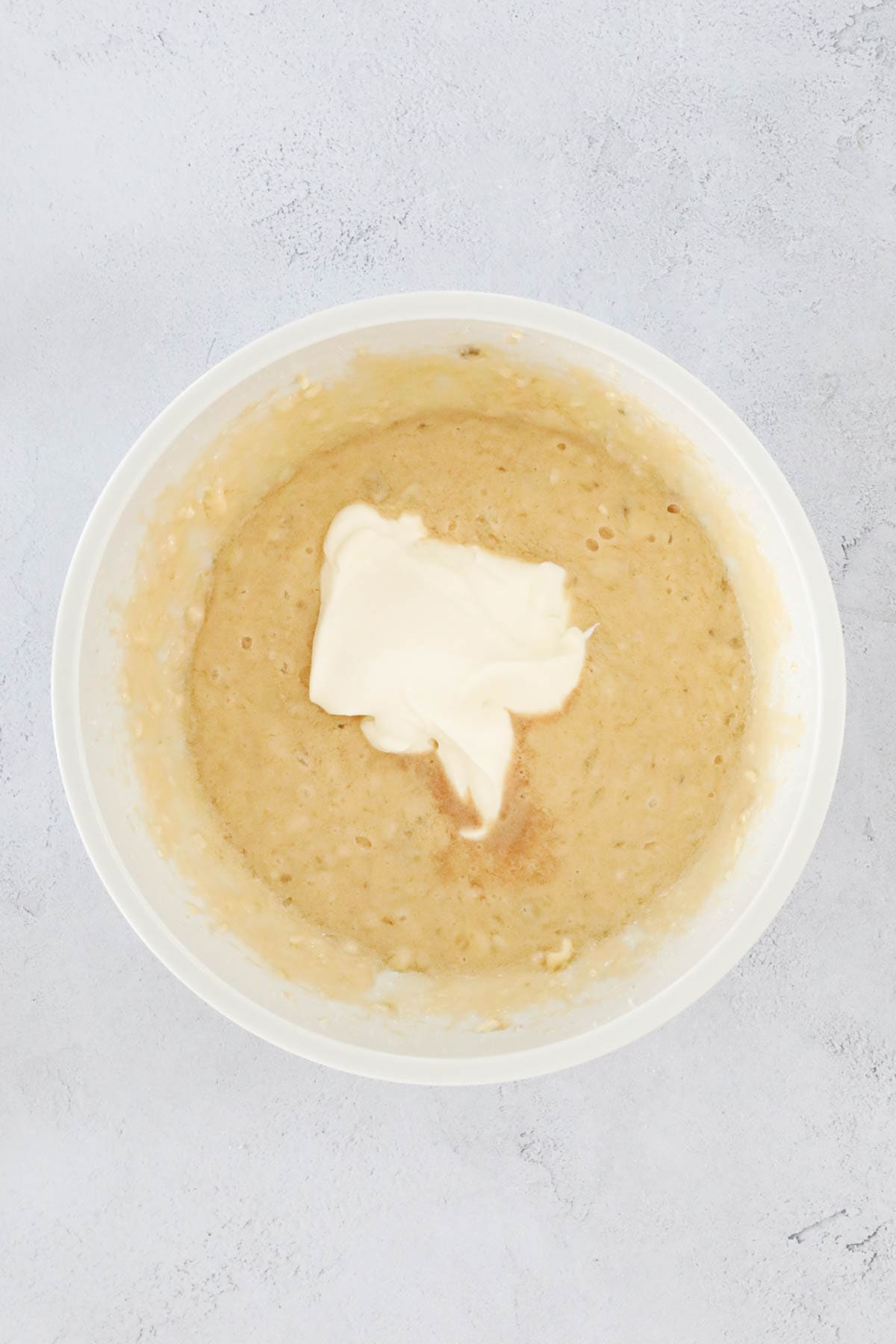 Greek yogurt added to creamed butter, sugar and egg mixture.