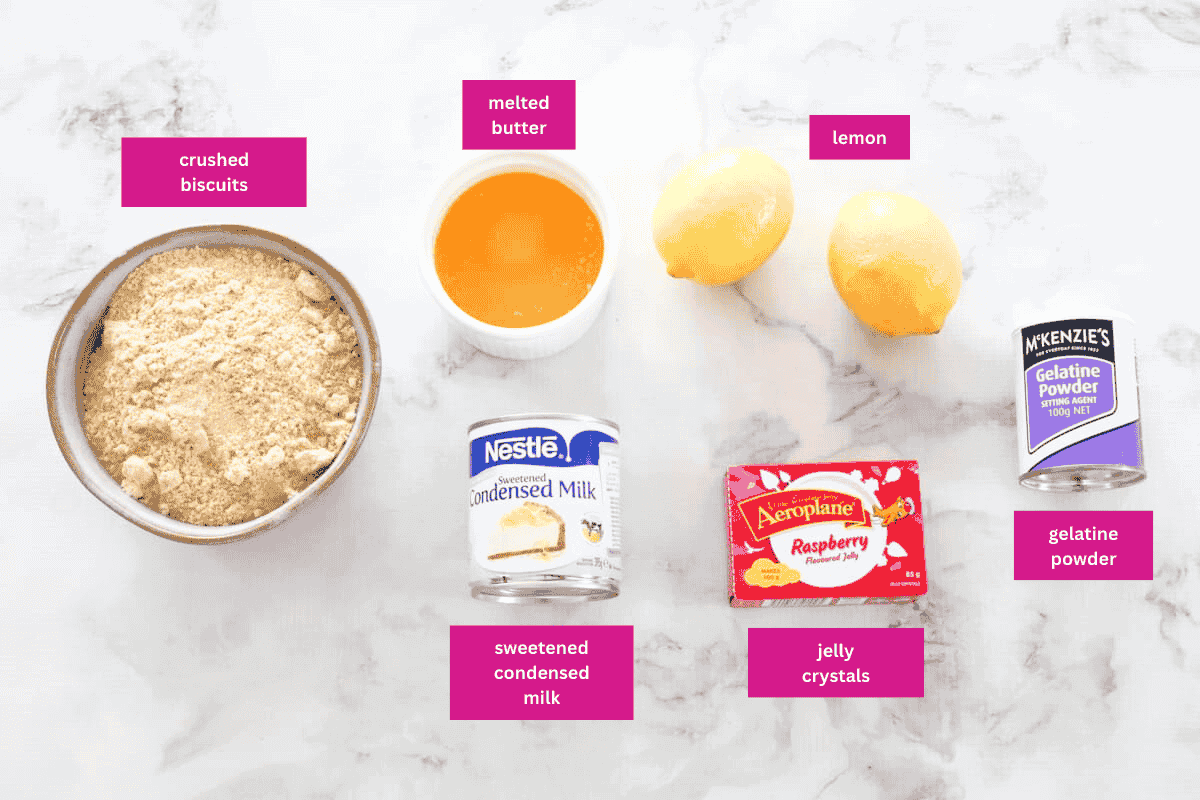 The ingredients for no bake jelly slice in small bowls.