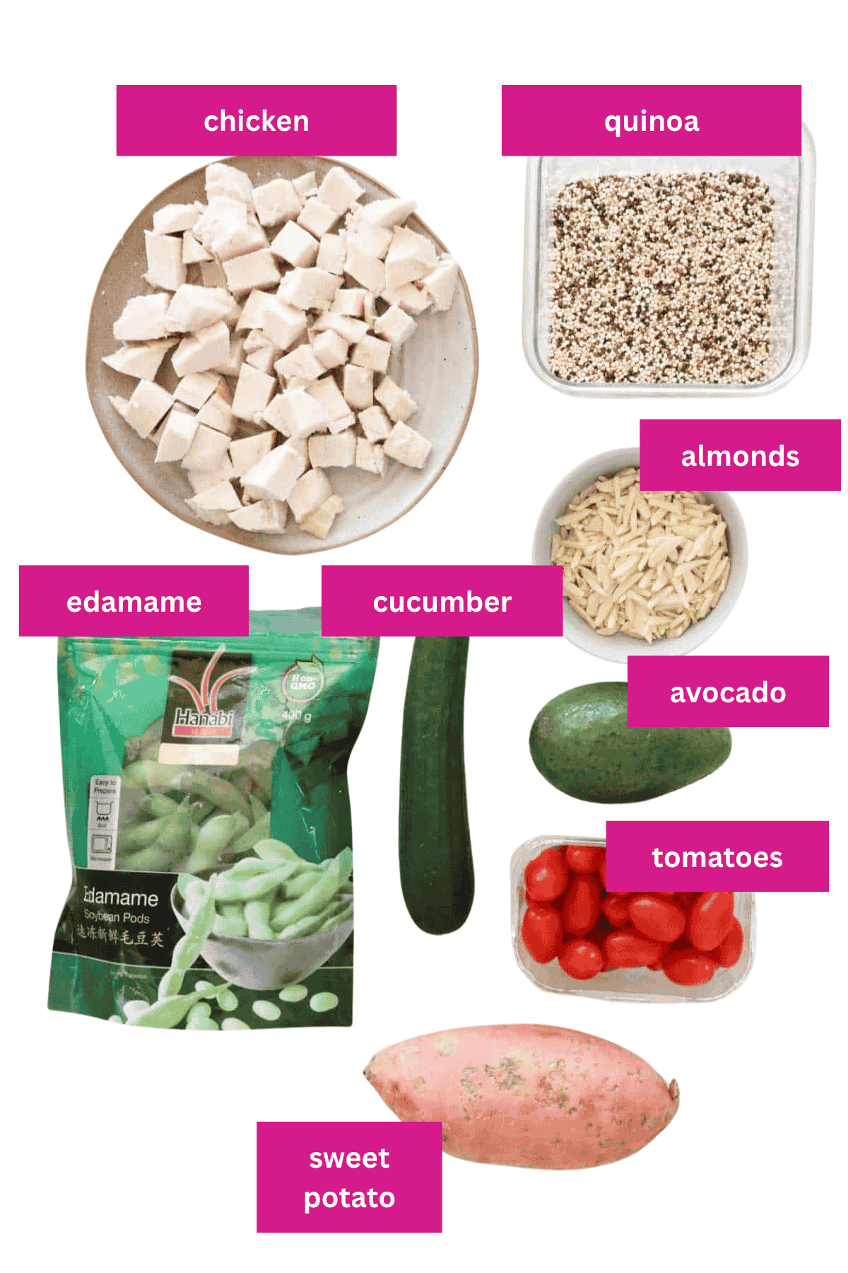 Ingredients needed for quinoa chicken bowls weighed out and placed in individual bowls.