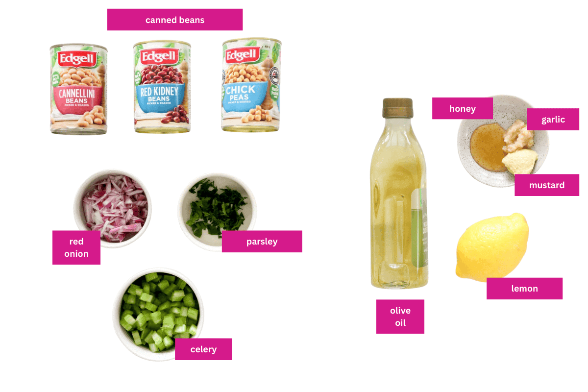 The ingredients for a salad made with canned beans, celery, red onion and parsley with a lemon dressing.