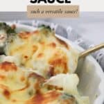 A white cheese sauce baked over cauliflower and broccoli.