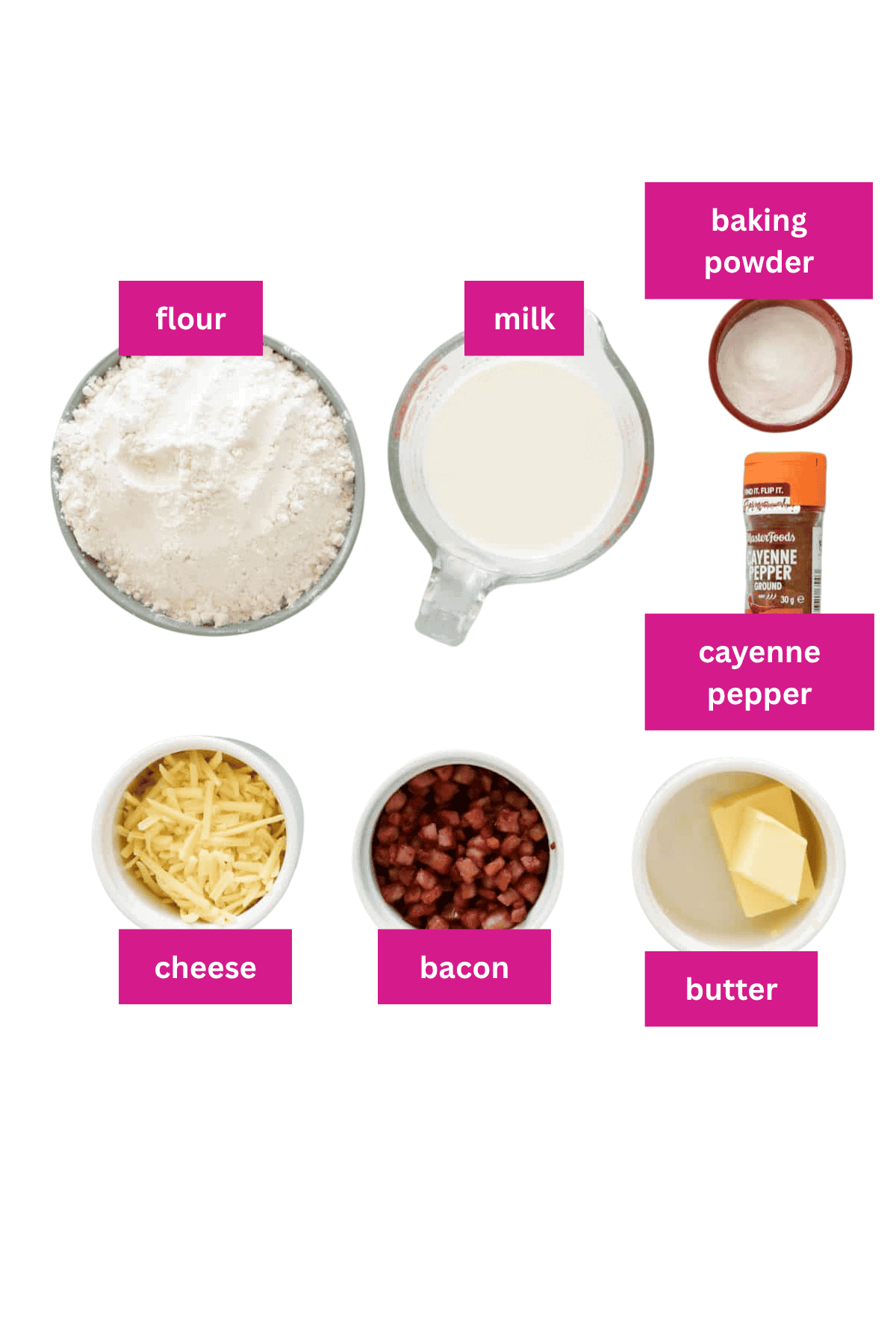 The ingredients for cheese and bacon scones in small bowls.