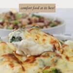 Broccoli and cauliflower with a creamy cheesy sauce and golden melted cheese on top.