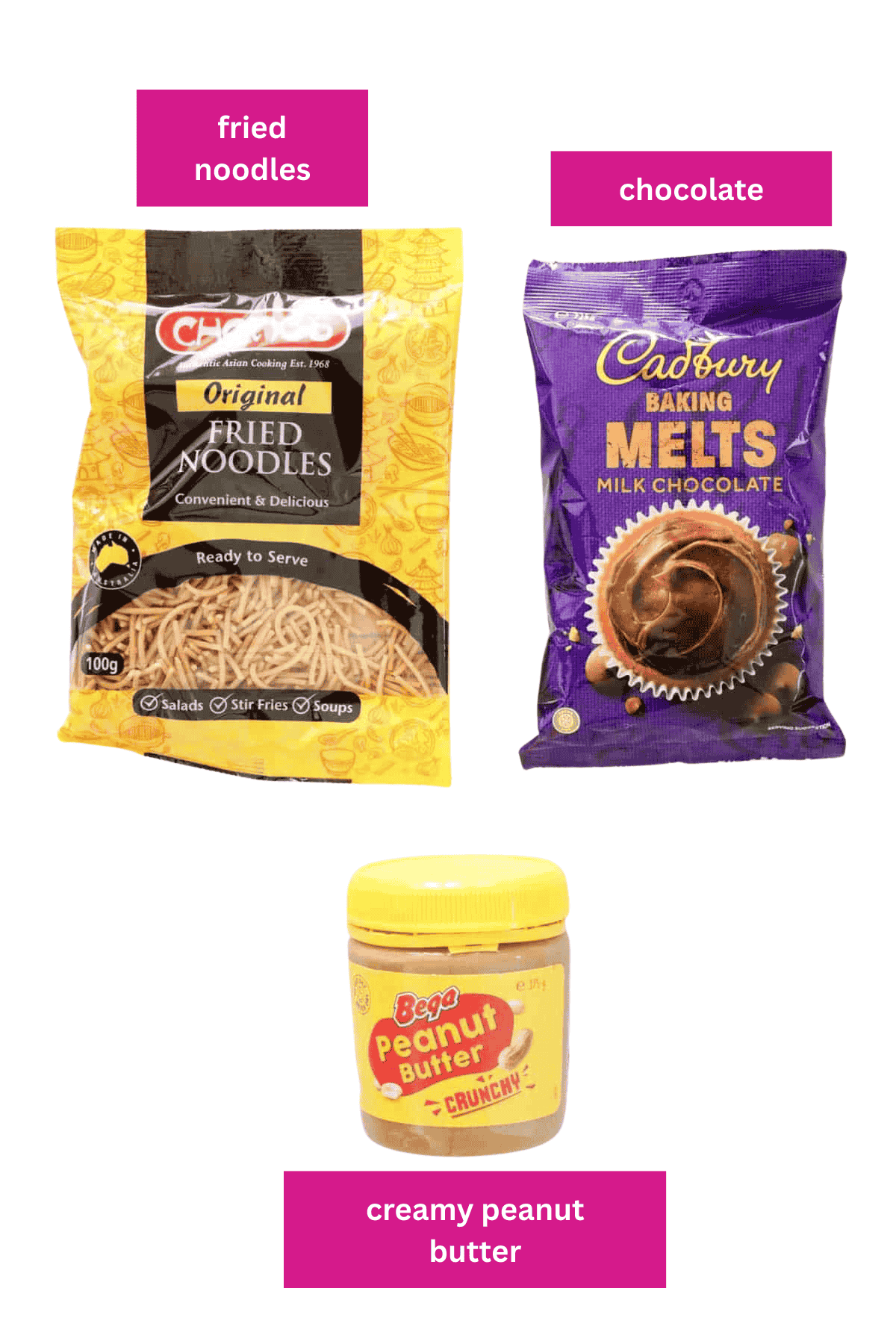 A packet of fried noodles, a bag of chocolate melts and a jar of peanut butter. 