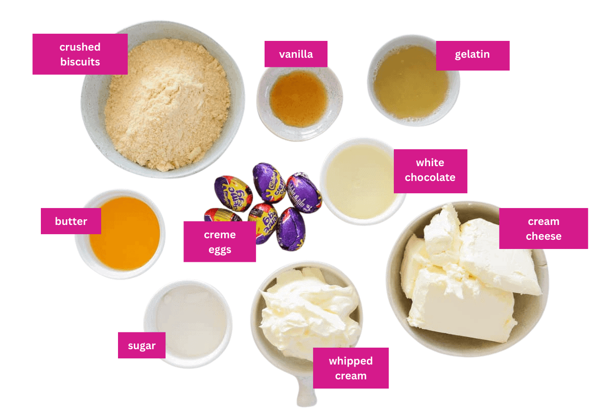 The ingredients for a white chocolate cheesecake with Cadbury creme eggs.