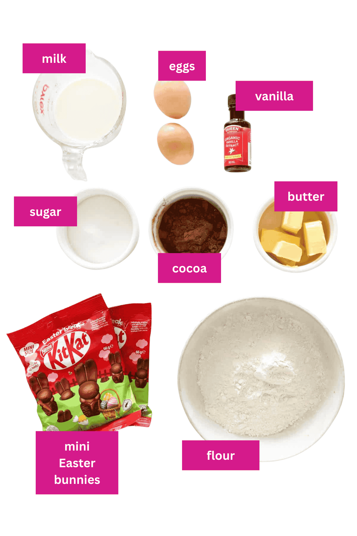 The ingredients for Easter themed chocolate cupcakes.