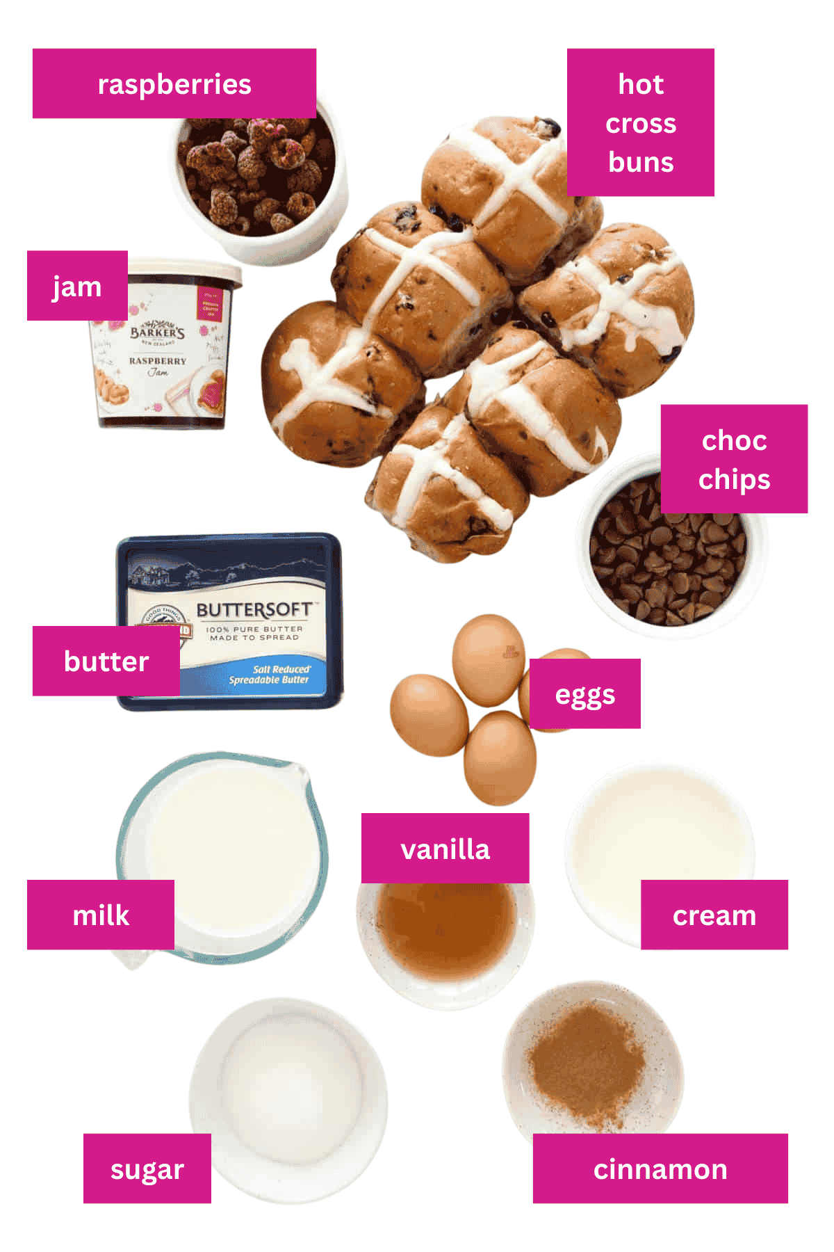 The ingredients for a Bread and Butter pudding made with hot cross buns.