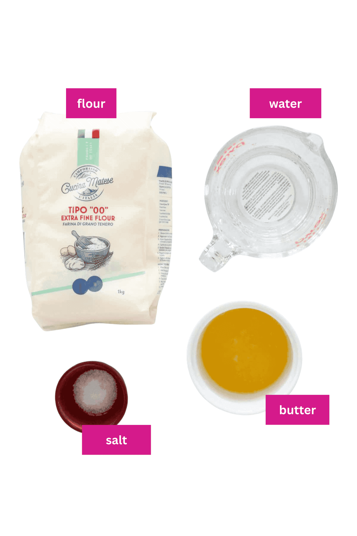 Flour, water, butter and salt laid out to make roti bread.