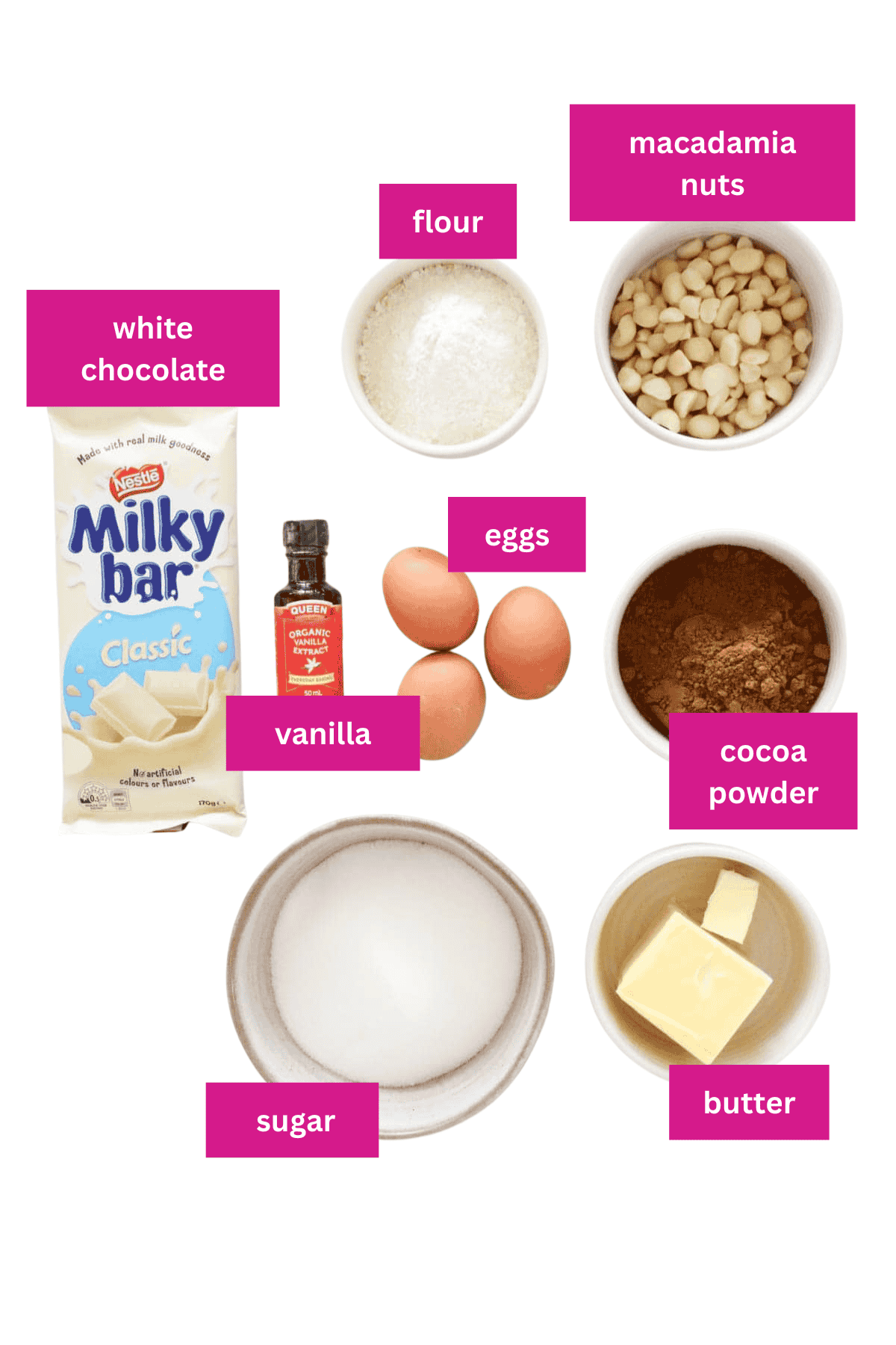 The ingredients for White Chocolate & Macadamia Nut Brownies in small bowls.