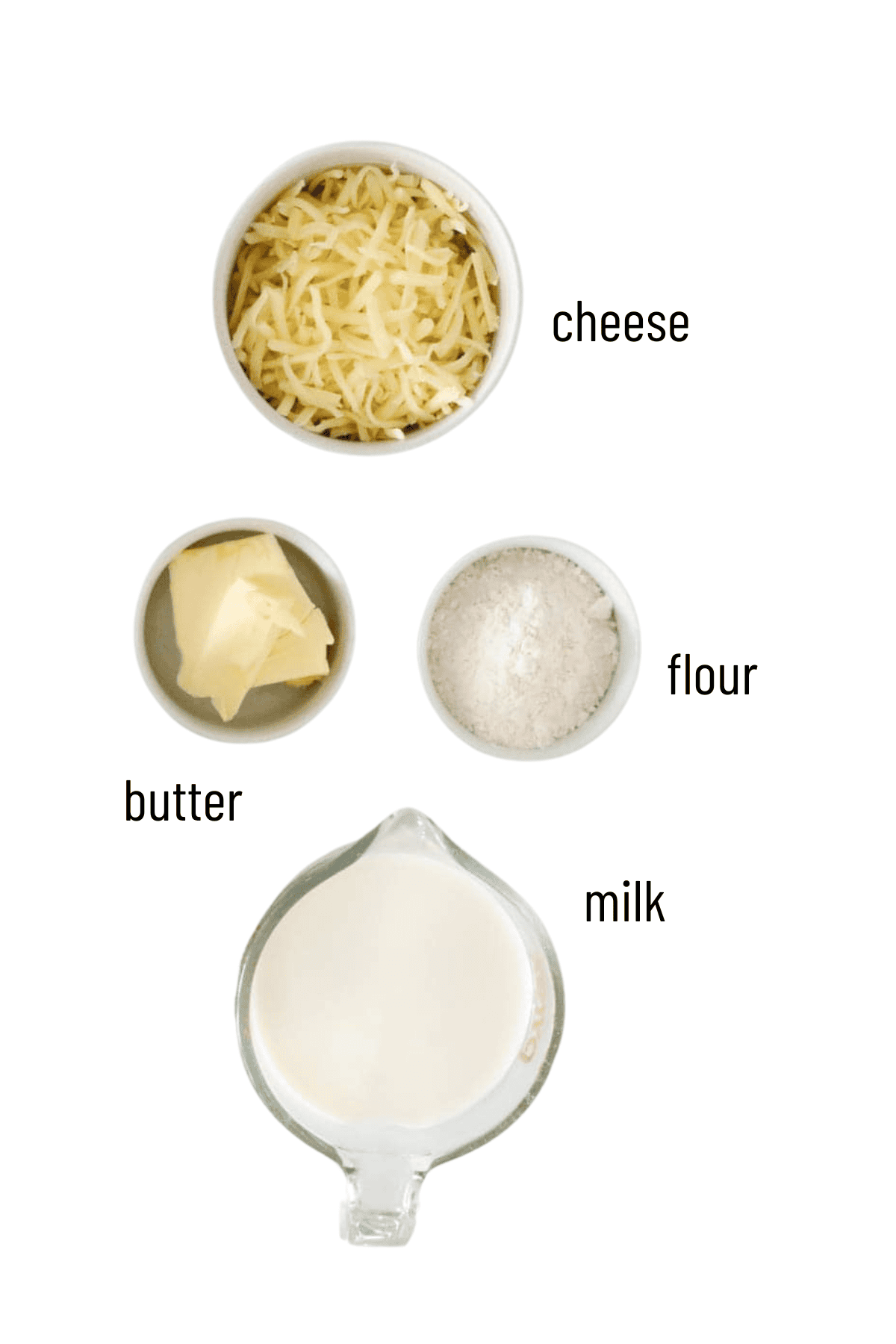 the ingredients for a cheesy bechamel white sauce.