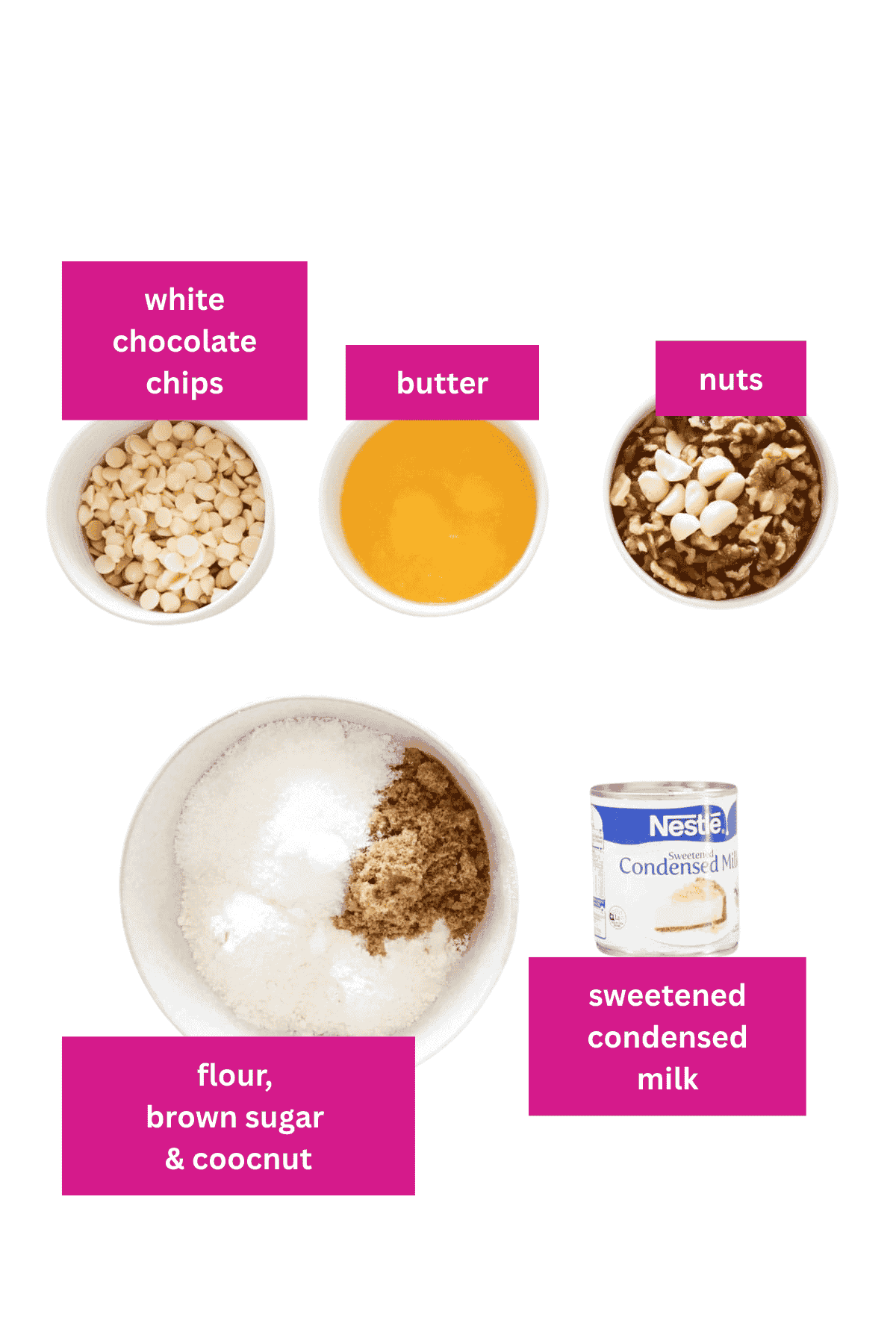 The ingredients for a caramel slice with nuts.