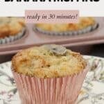 A Greek Yoghurt Banana Muffin in a pink metallic muffin case.
