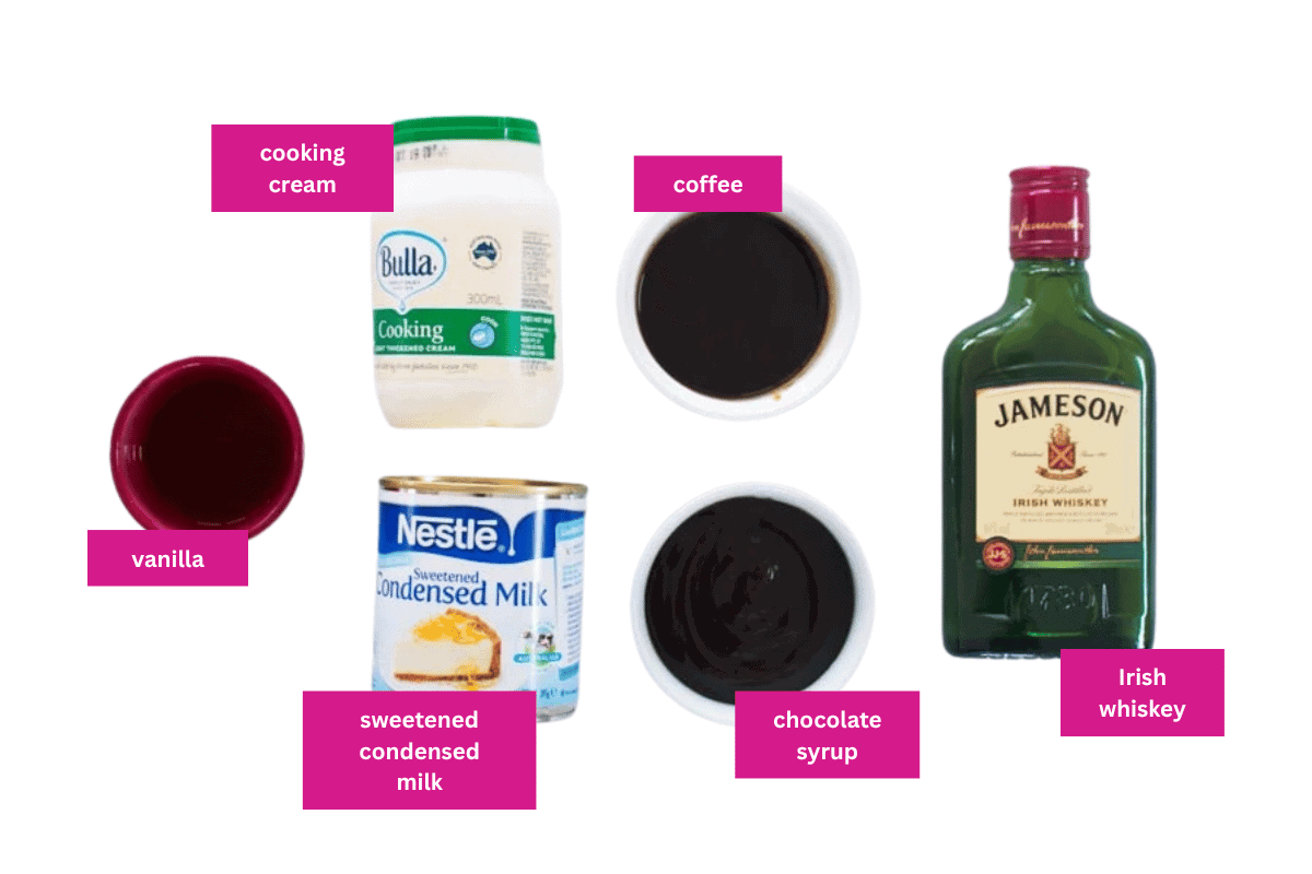 The ingredients for making your own Baileys Irish Cream at home.