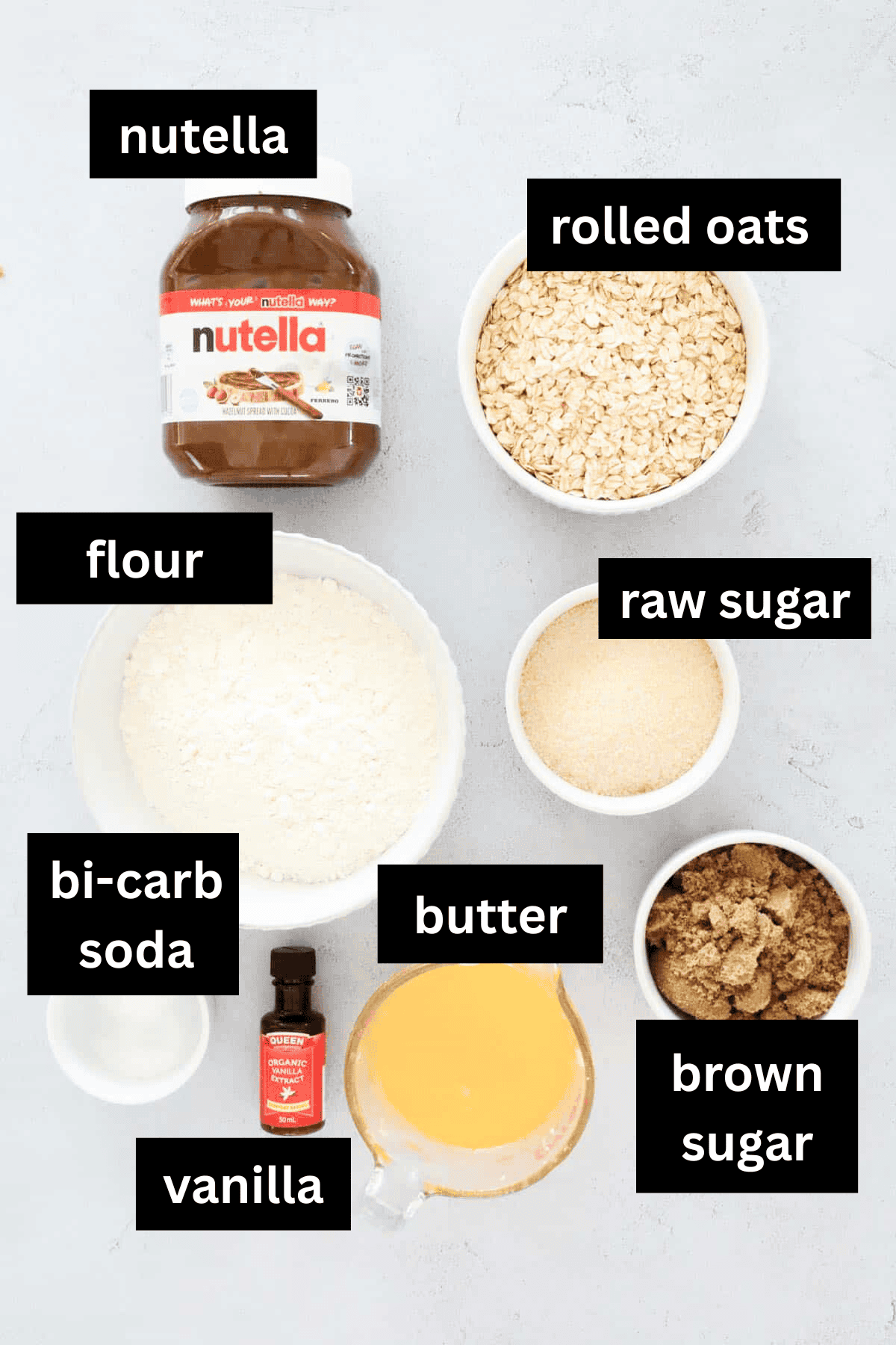Labelled ingredients for Nutella Crumble Bars.