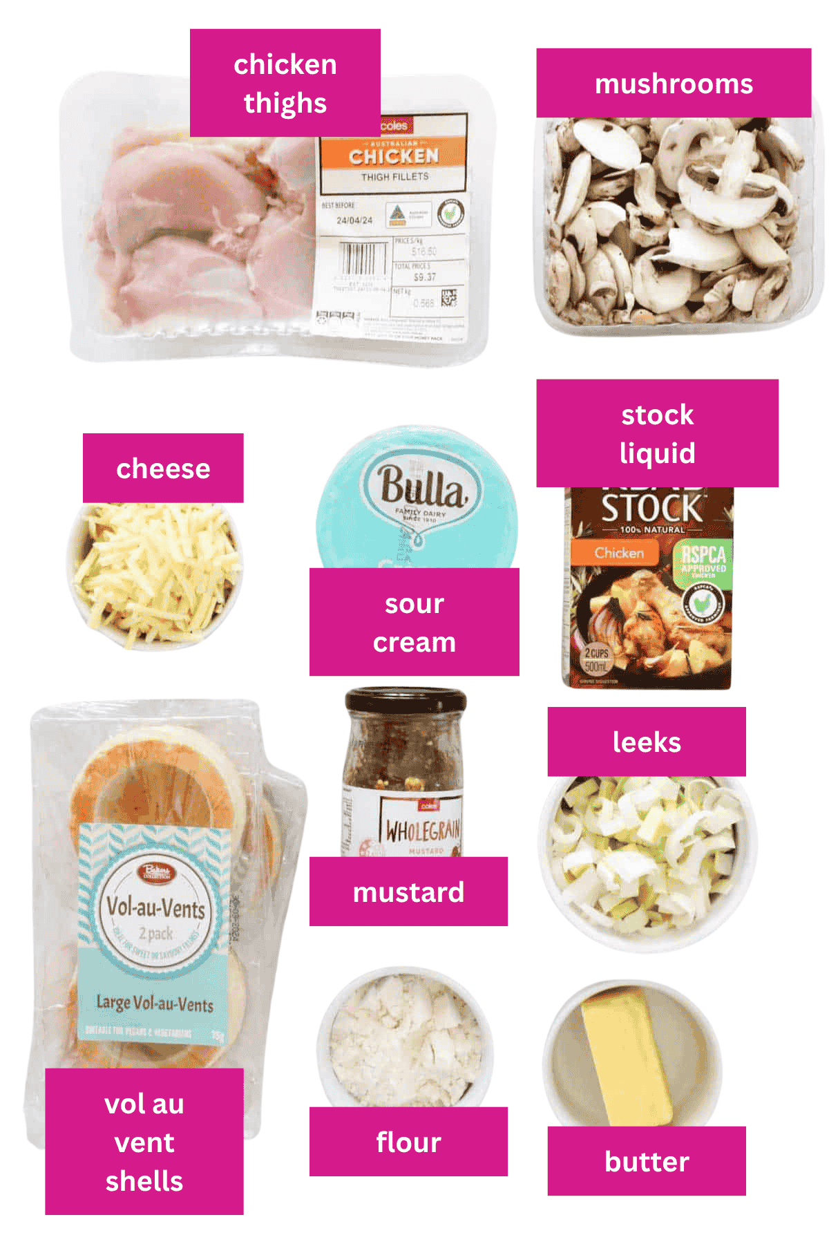 The ingredients for Chicken and Mushroom Vol Au Vents in small bowls.