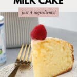 A slice of condensed milk cake, dusted with icing sugar and a fresh raspberry on top.