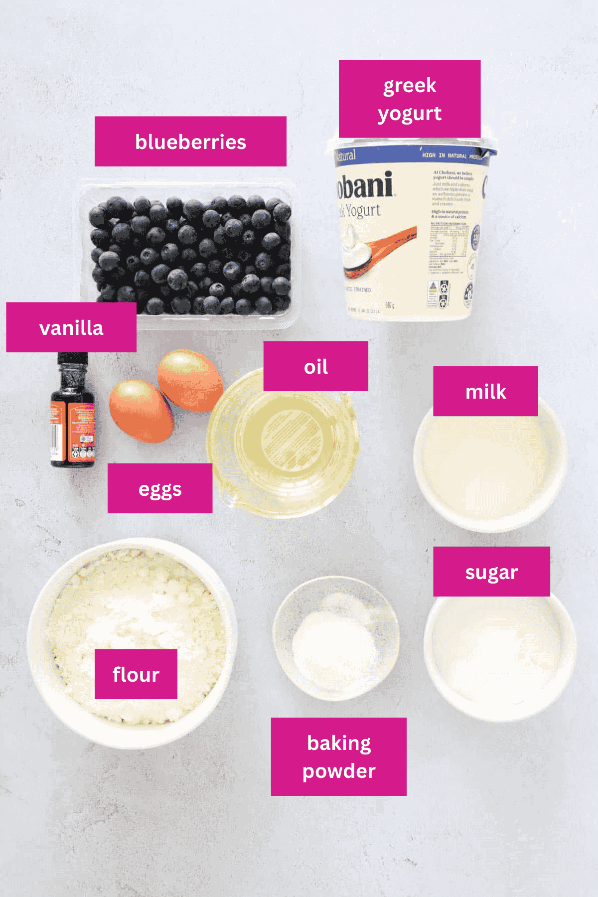 The ingredients for Greek Yogurt Blueberry Muffins in bowls.
