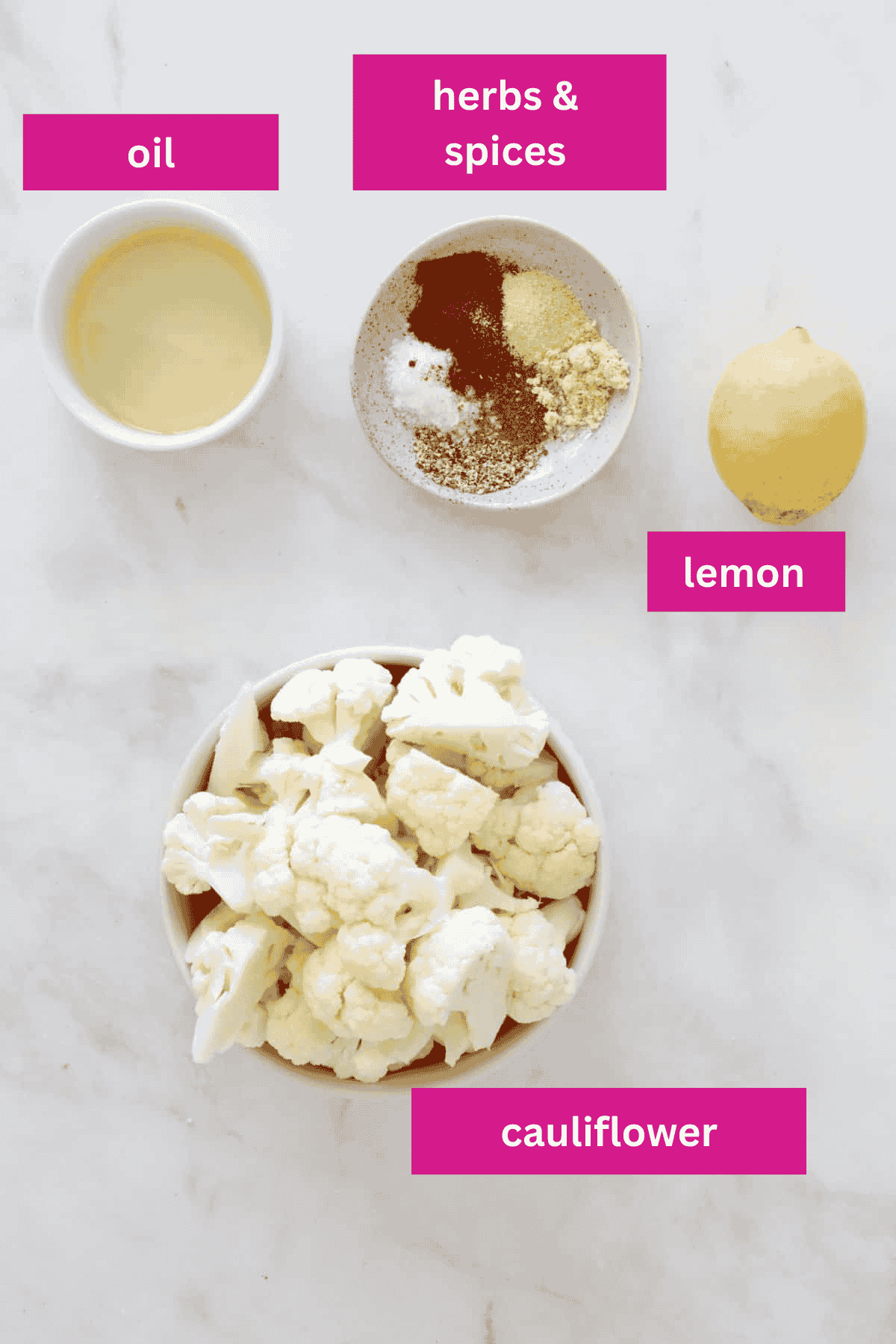 An overhead shot of the ingredients for air fryer cauliflower.