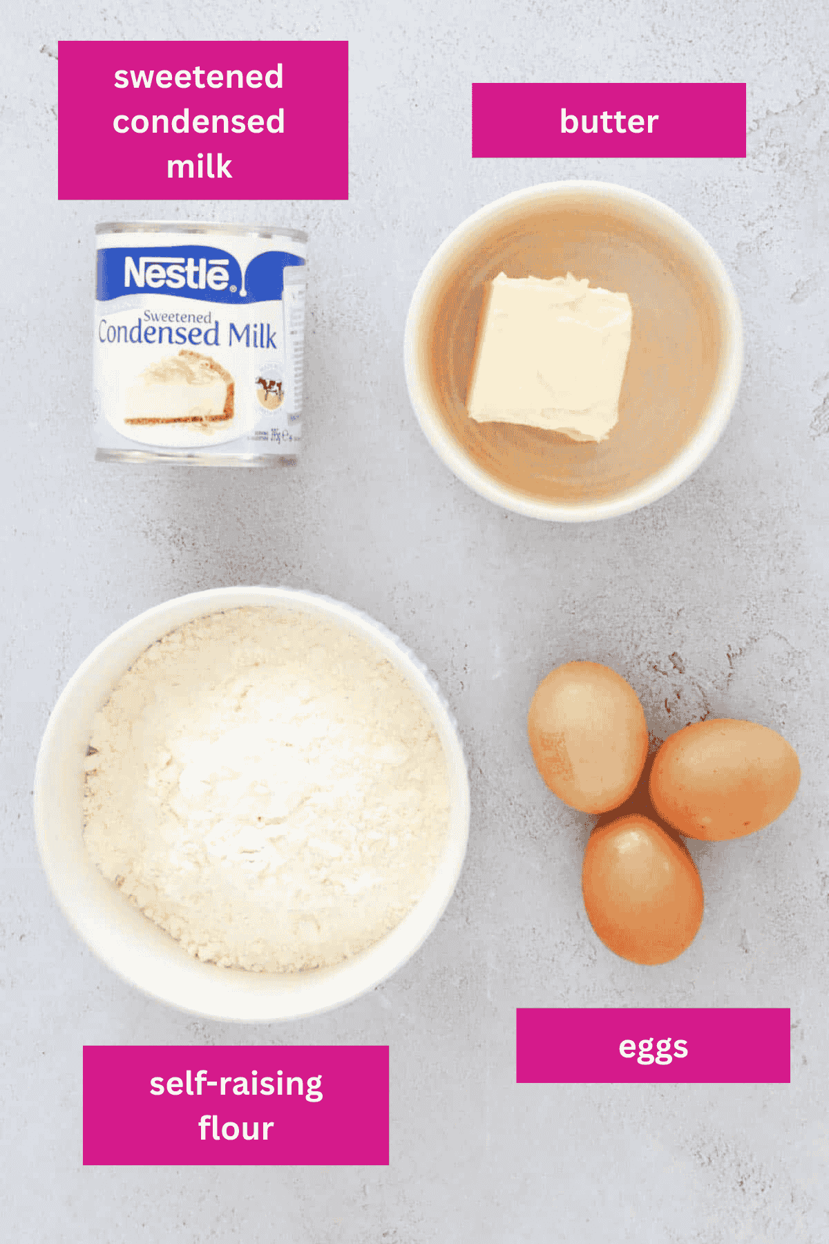 An overhead shot of the ingredients for condensed milk cake.