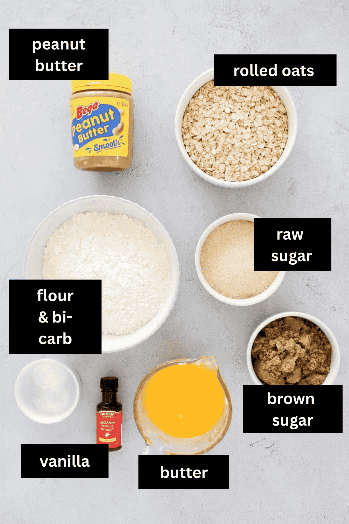 Labelled ingredients for peanut butter oat bars.