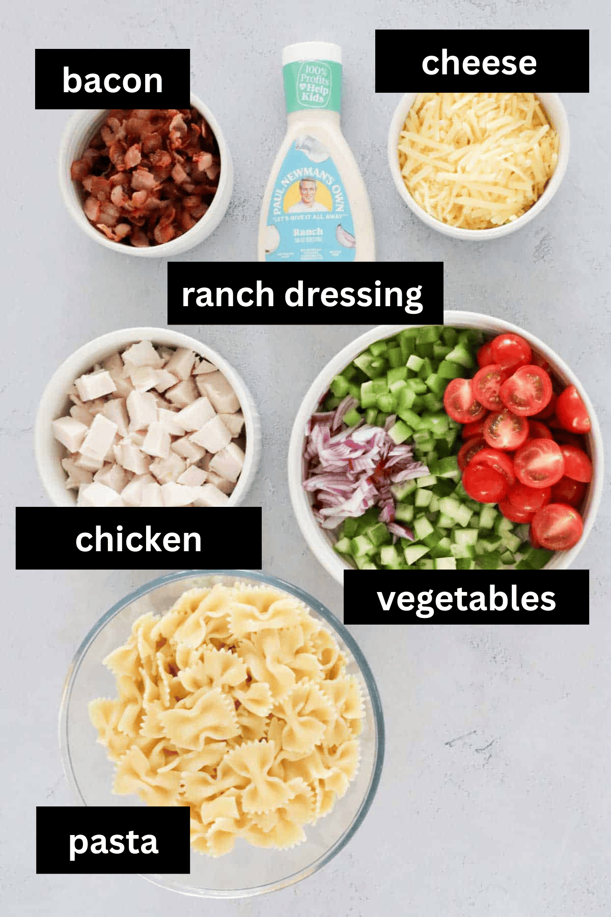 Ingredients for salad on a bench top.