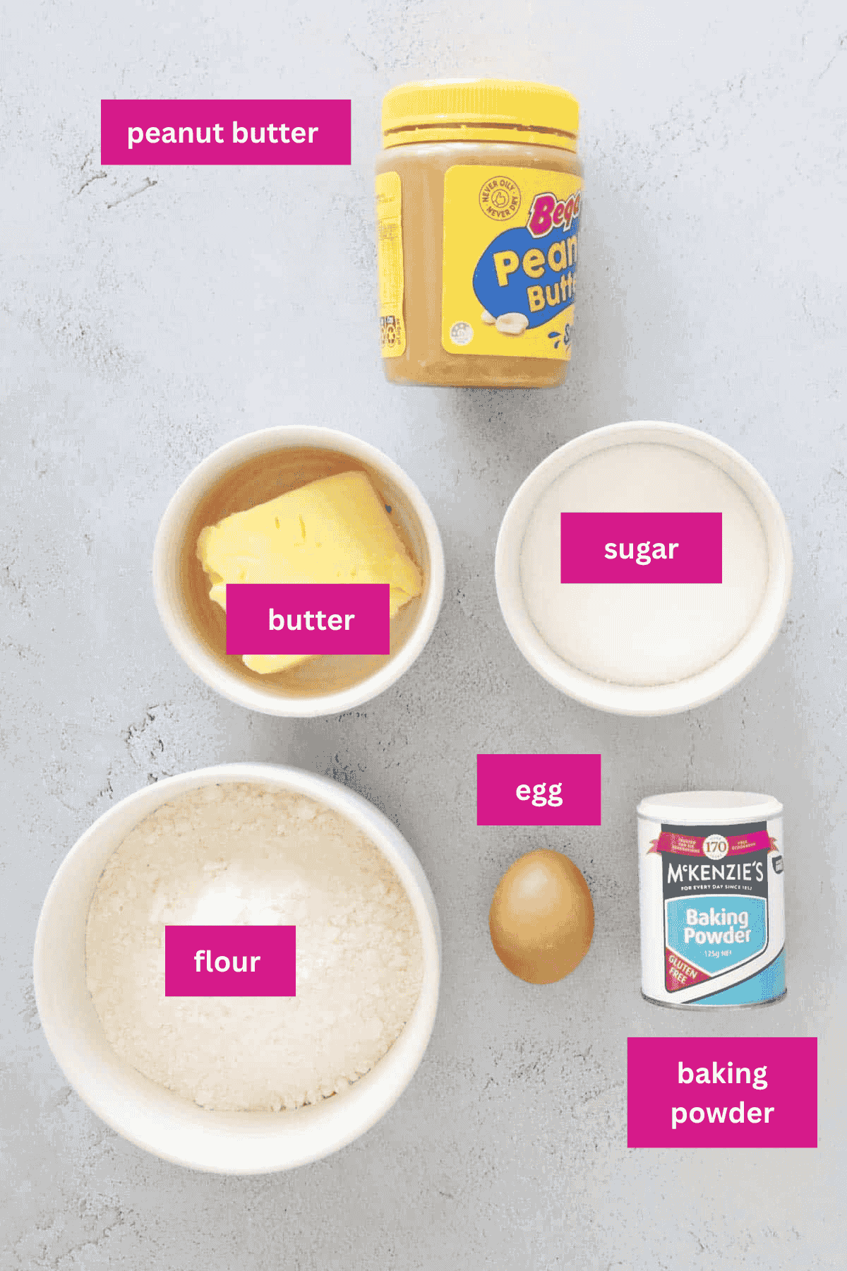 Ingredients for Peanut Butter Cookies on a bench top.