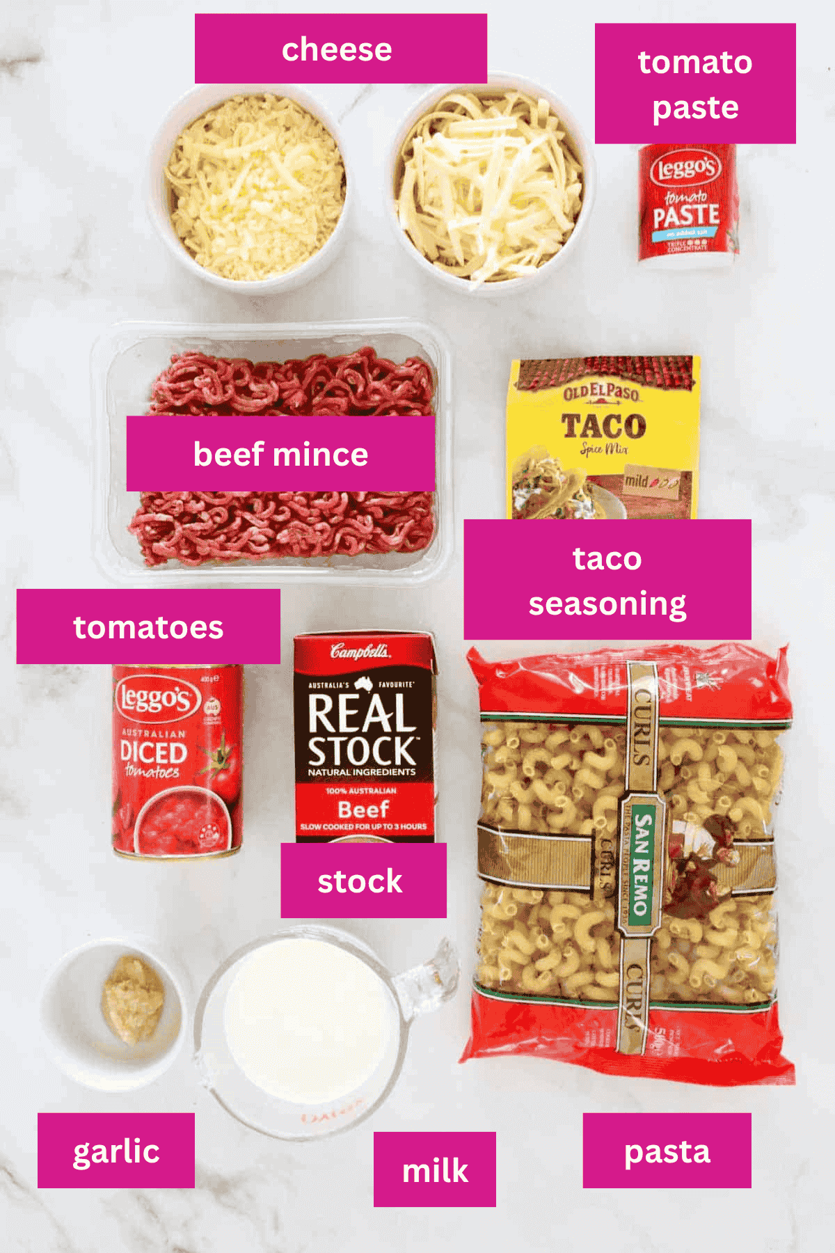 Ingredients for Taco Pasta placed on a bench top.
